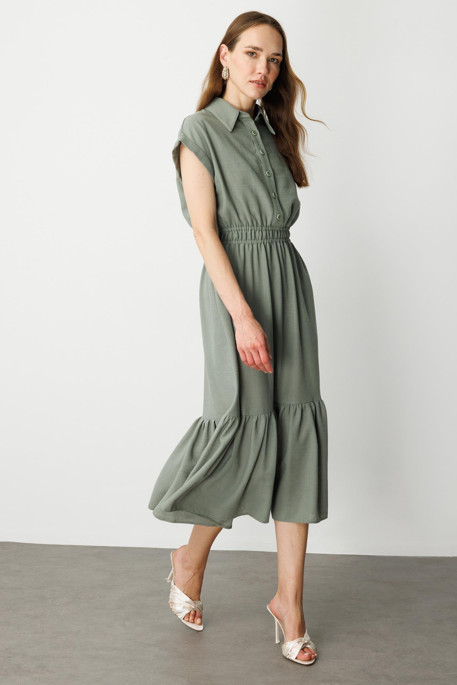 Keten Görünüm Farbela Detaylı Uzun Elbise-ÇAĞLA