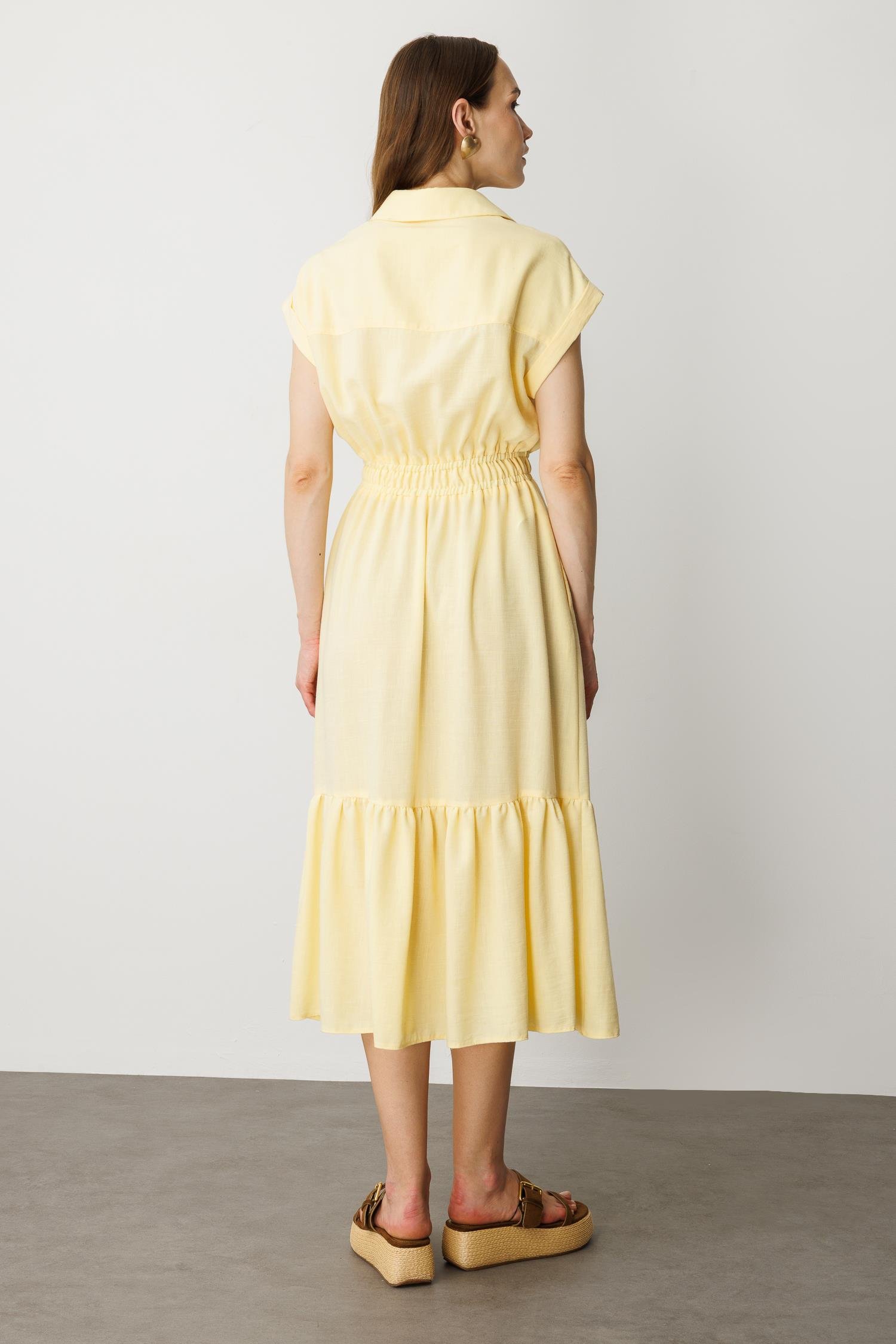 Keten Görünüm Farbela Detaylı Uzun Elbise-SARI