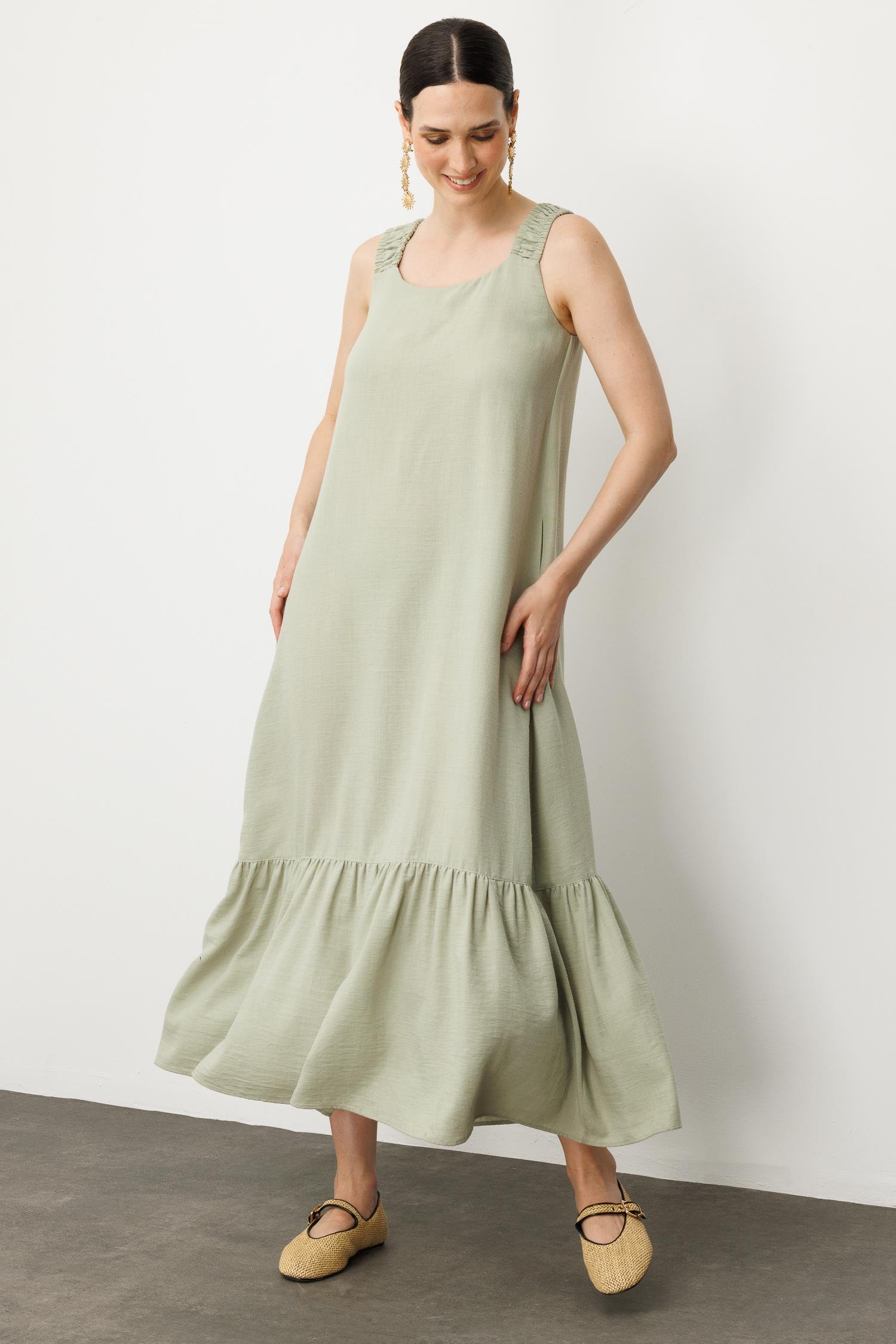 Keten Görünümlü Askılı Uzun Elbise-ÇAĞLA