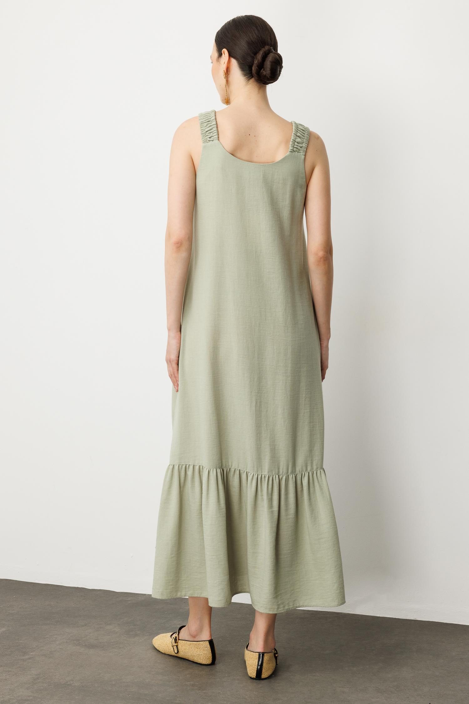 Keten Görünümlü Askılı Uzun Elbise-ÇAĞLA