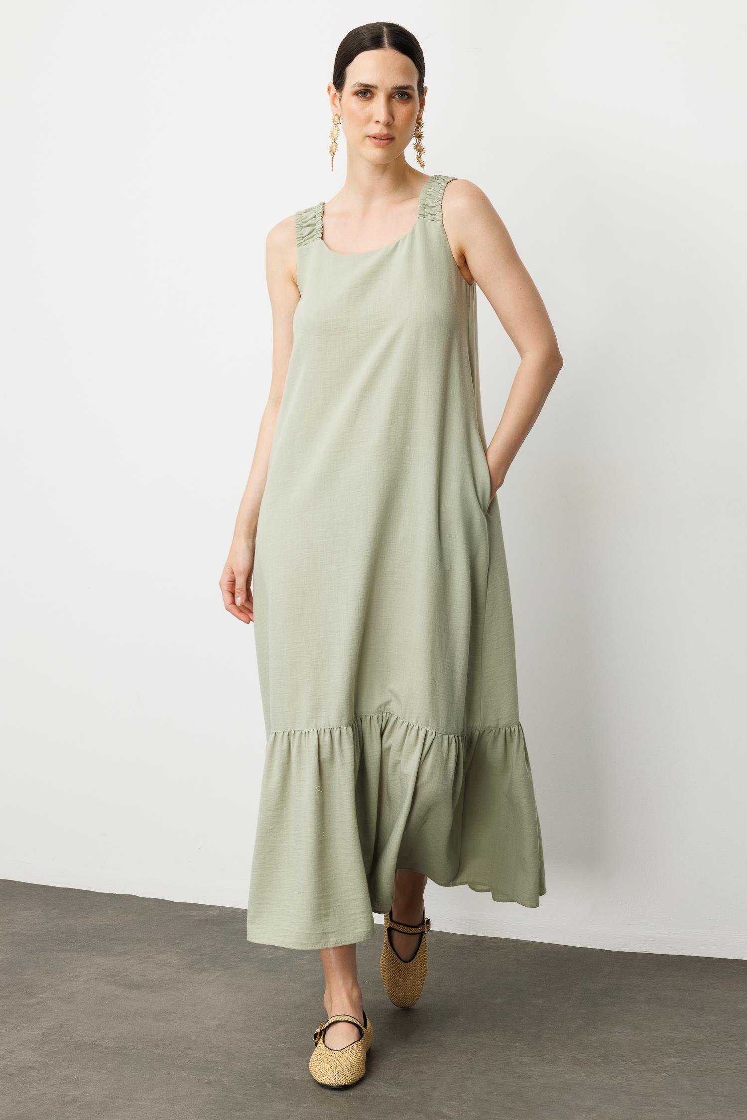 Keten Görünümlü Askılı Uzun Elbise-ÇAĞLA