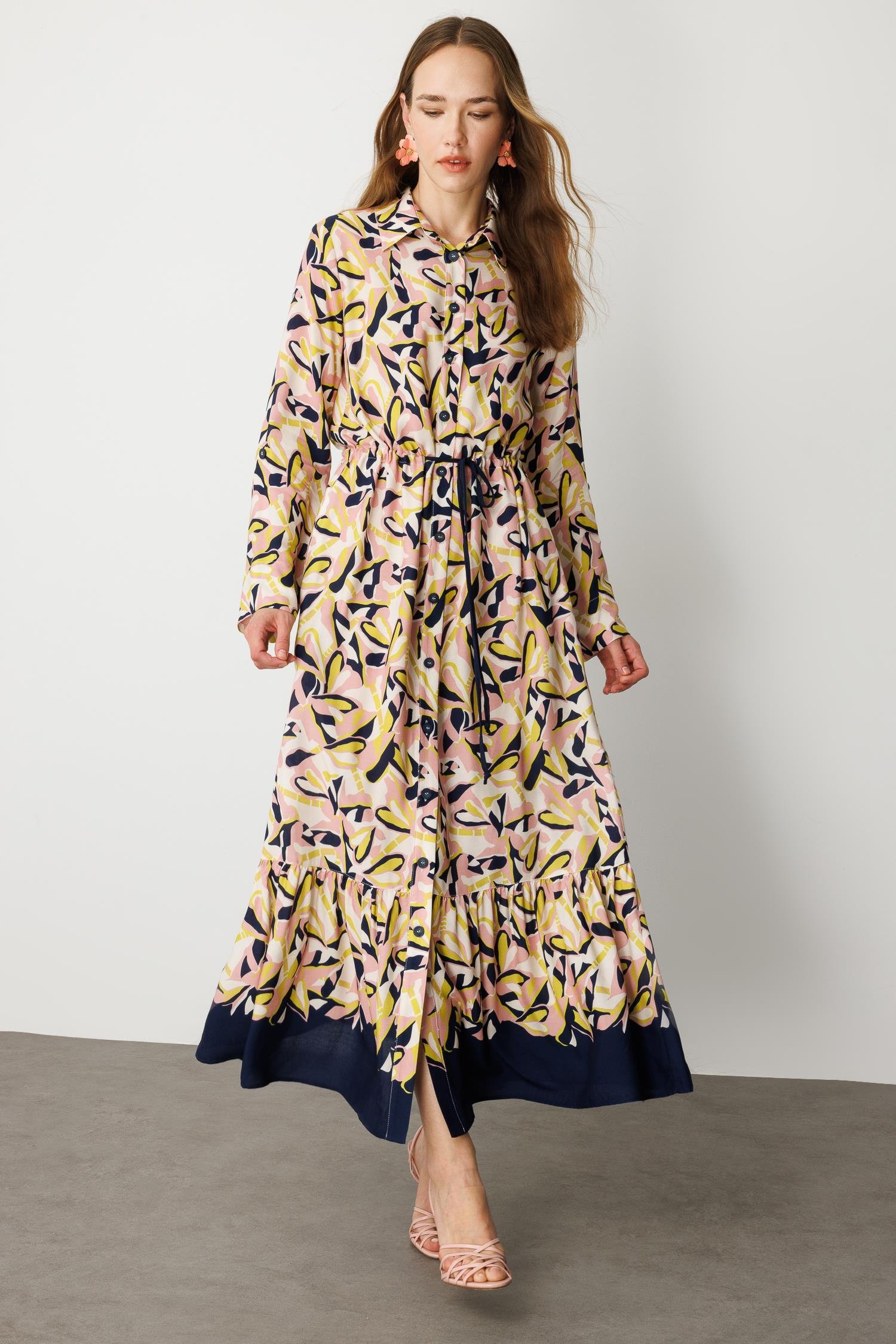 Keten Görünümlü Desenli Uzun Elbise-LACI