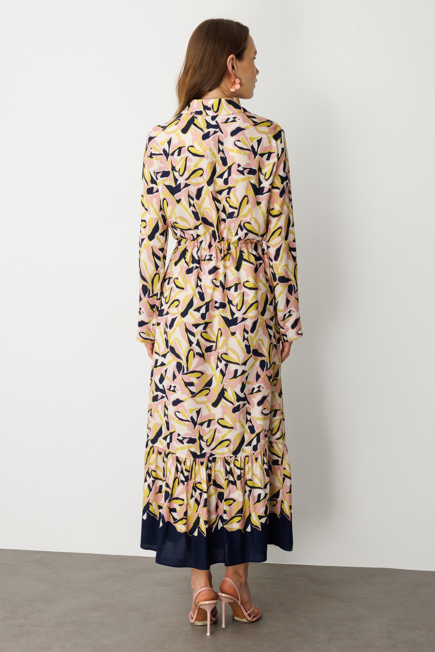 Keten Görünümlü Desenli Uzun Elbise-LACI