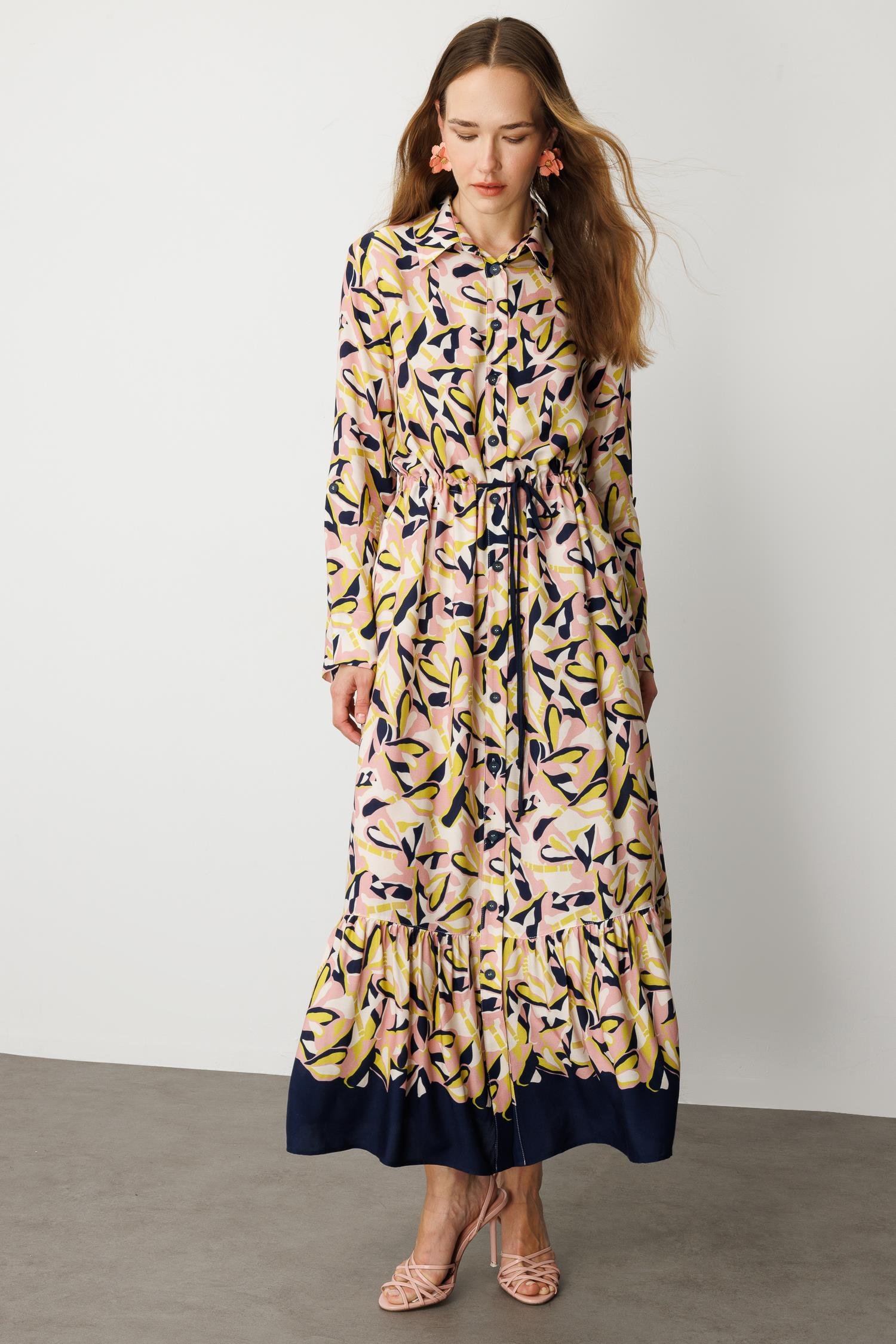 Keten Görünümlü Desenli Uzun Elbise-LACI