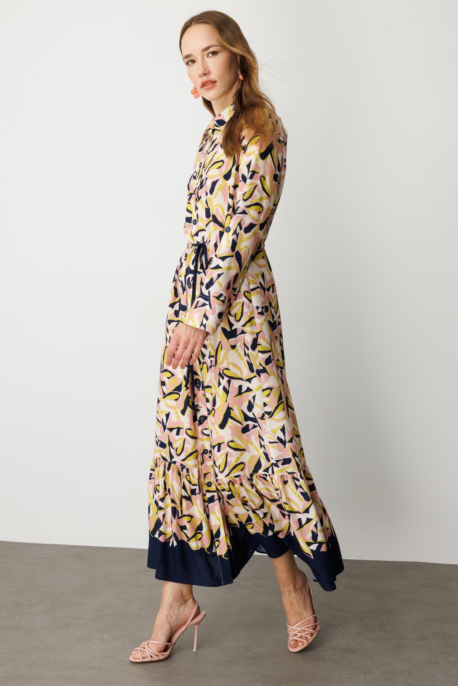 Keten Görünümlü Desenli Uzun Elbise-LACI