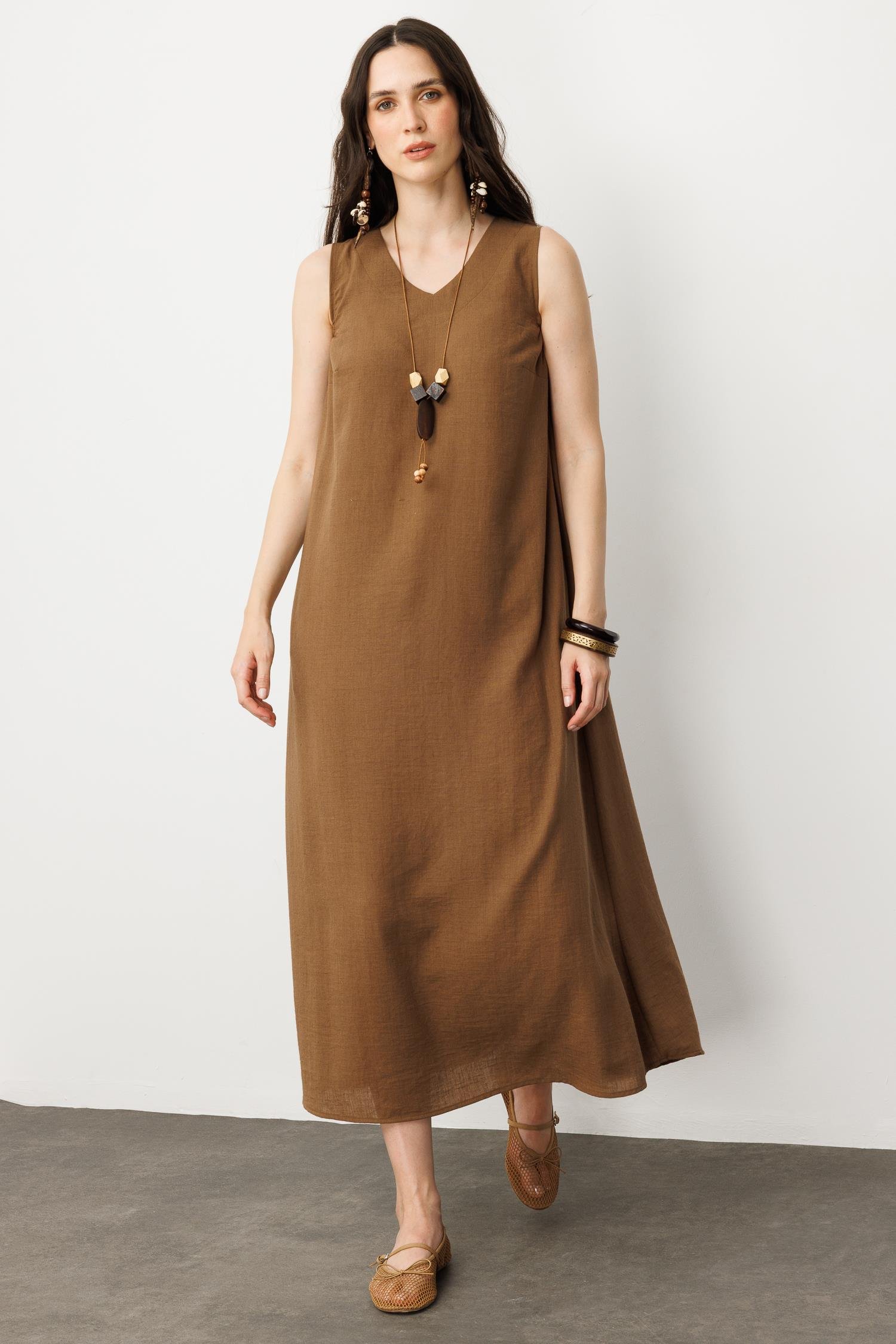 Keten Görünümlü Kolsuz Midi Elbise-KAHVE