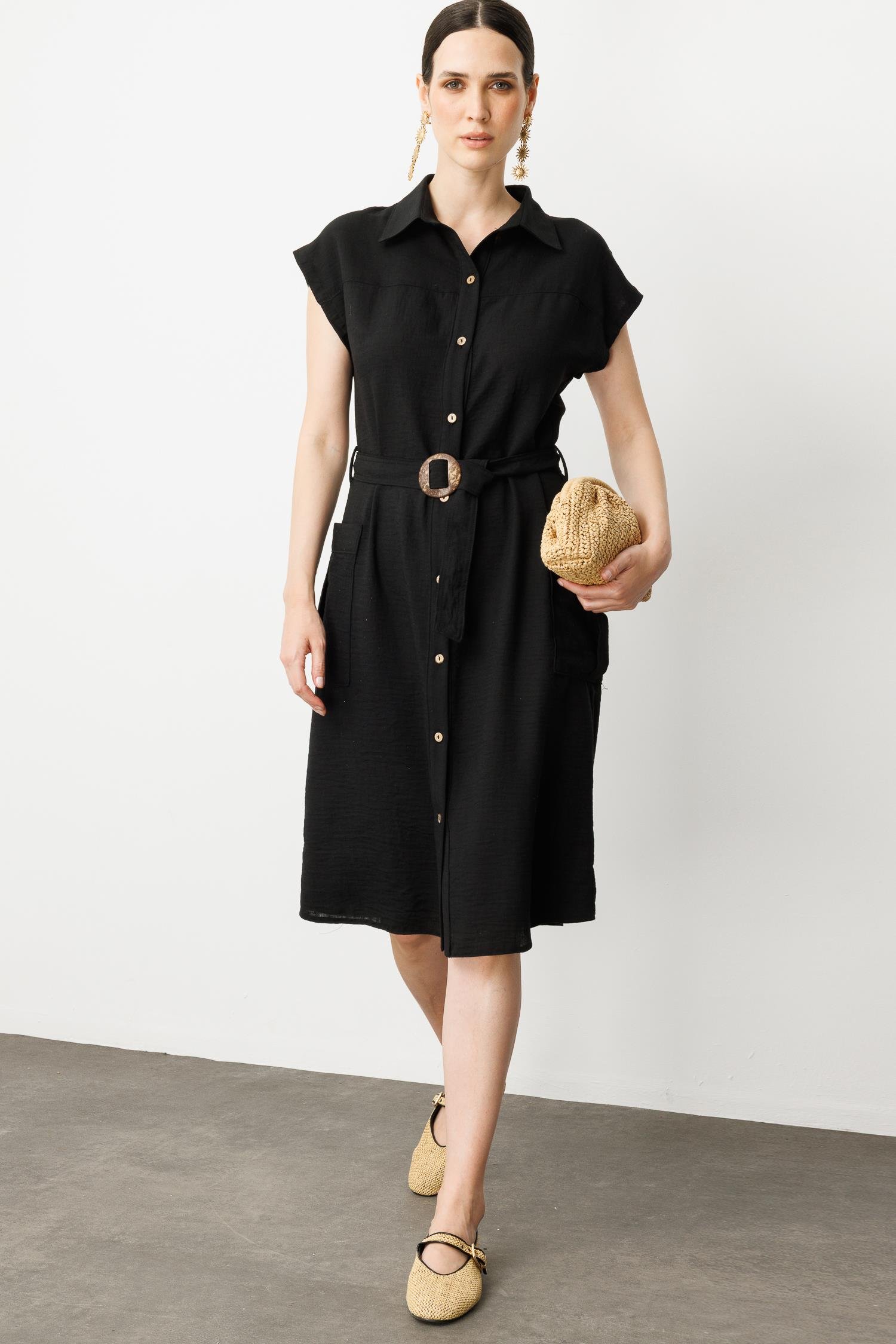 Keten Görünümlü Kuşaklı Elbise-SİYAH