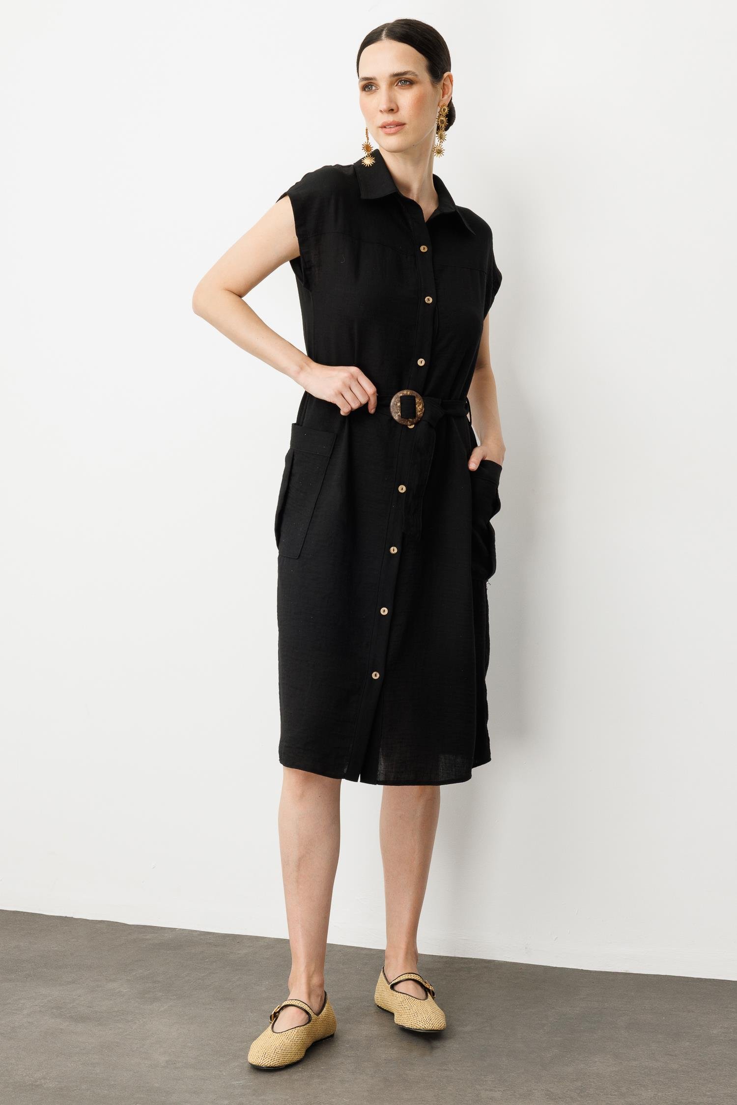 Keten Görünümlü Kuşaklı Elbise-SİYAH