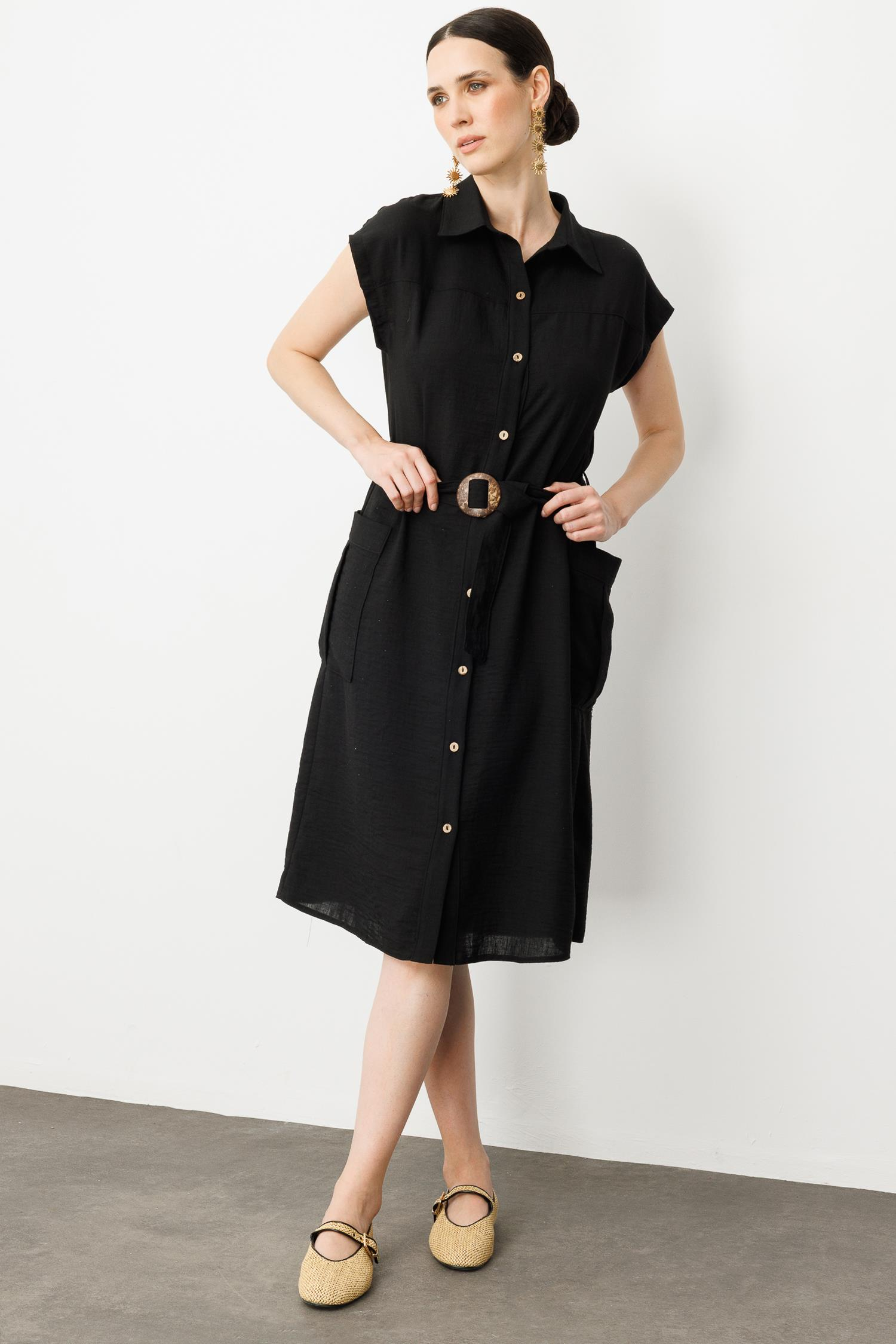 Keten Görünümlü Kuşaklı Elbise-SİYAH