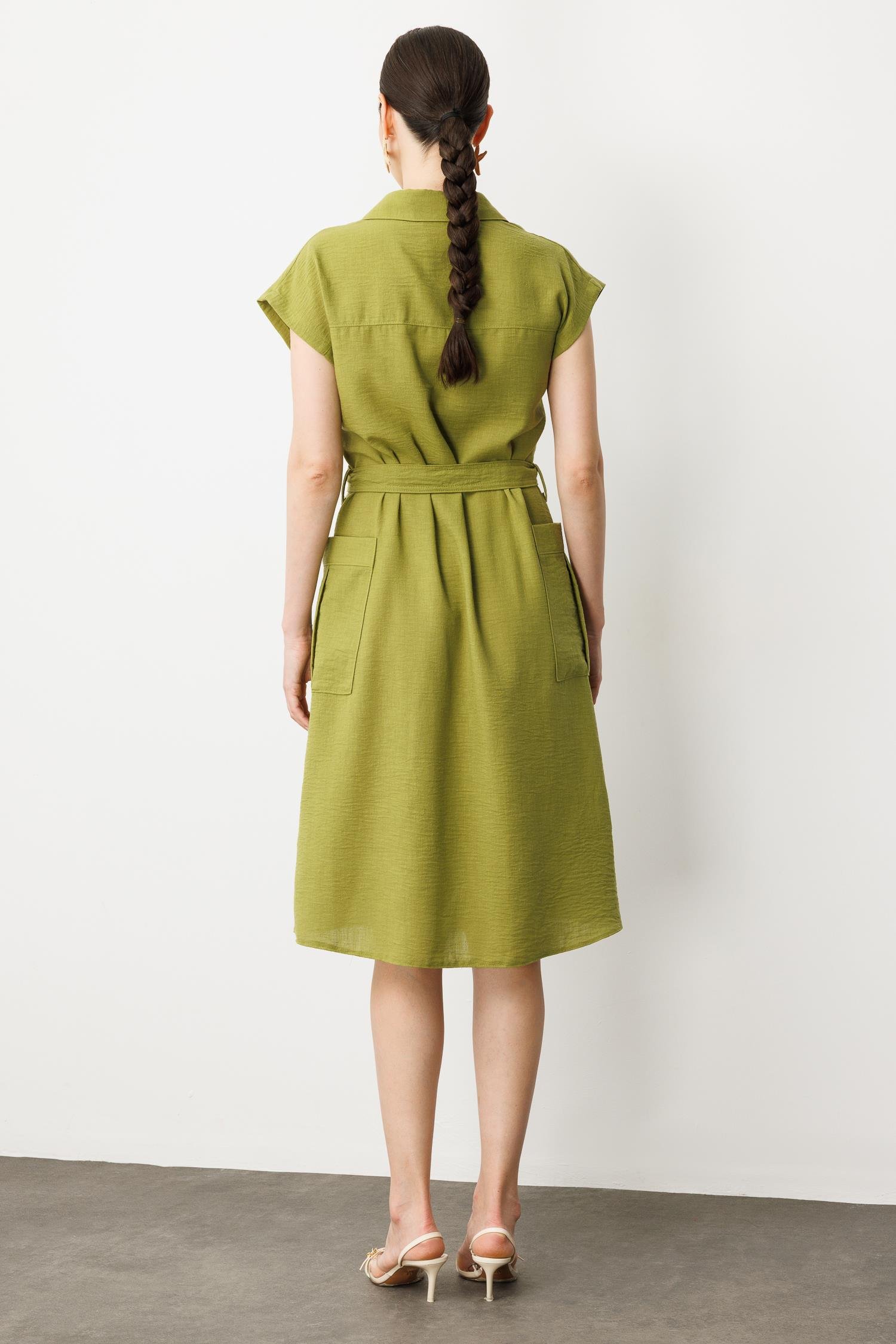 Keten Görünümlü Kuşaklı Elbise-YEŞİL