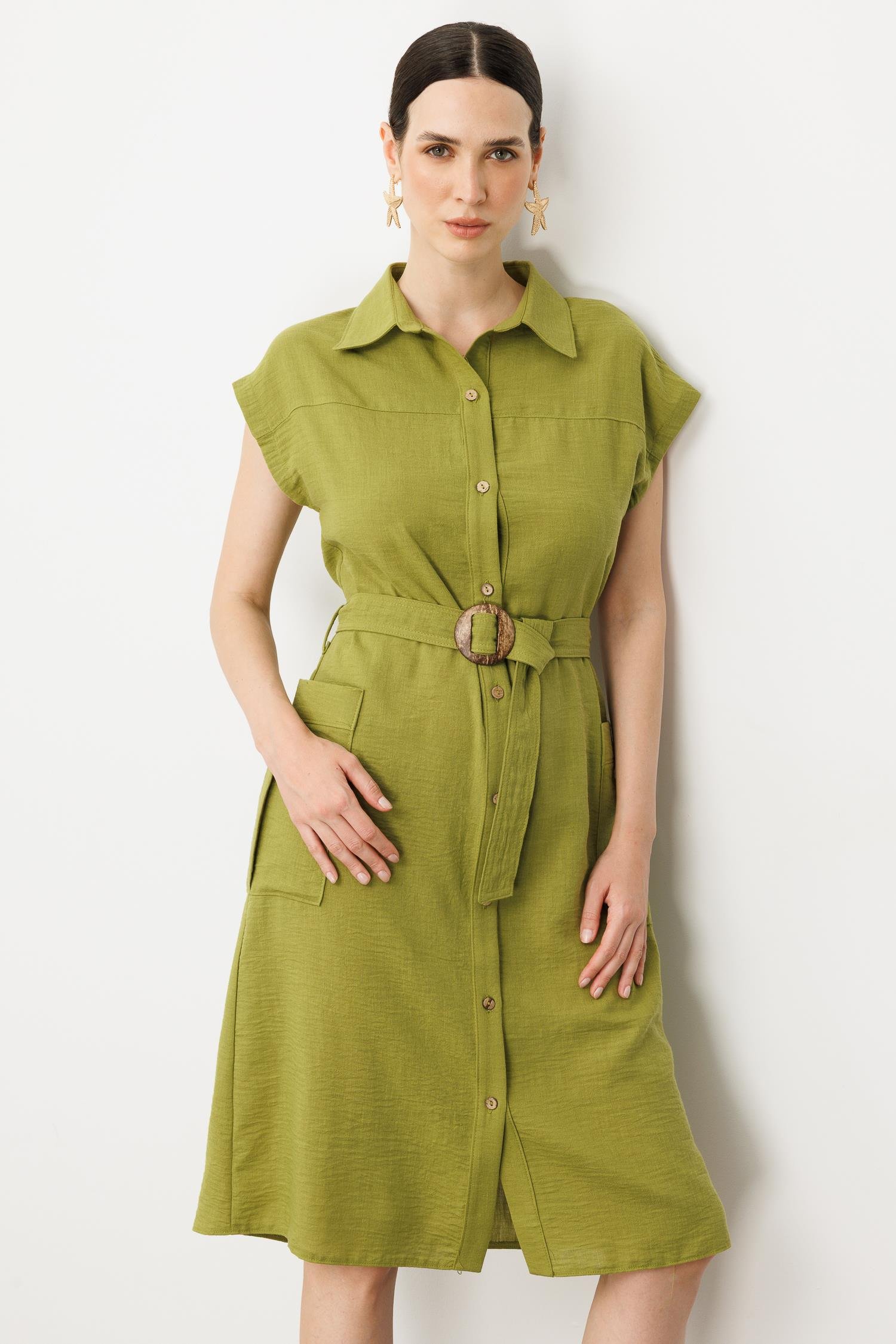 Keten Görünümlü Kuşaklı Elbise-YEŞİL