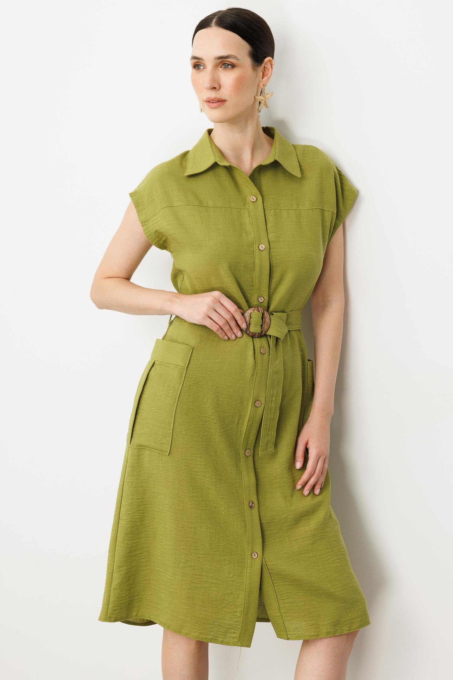 Keten Görünümlü Kuşaklı Elbise-YEŞİL