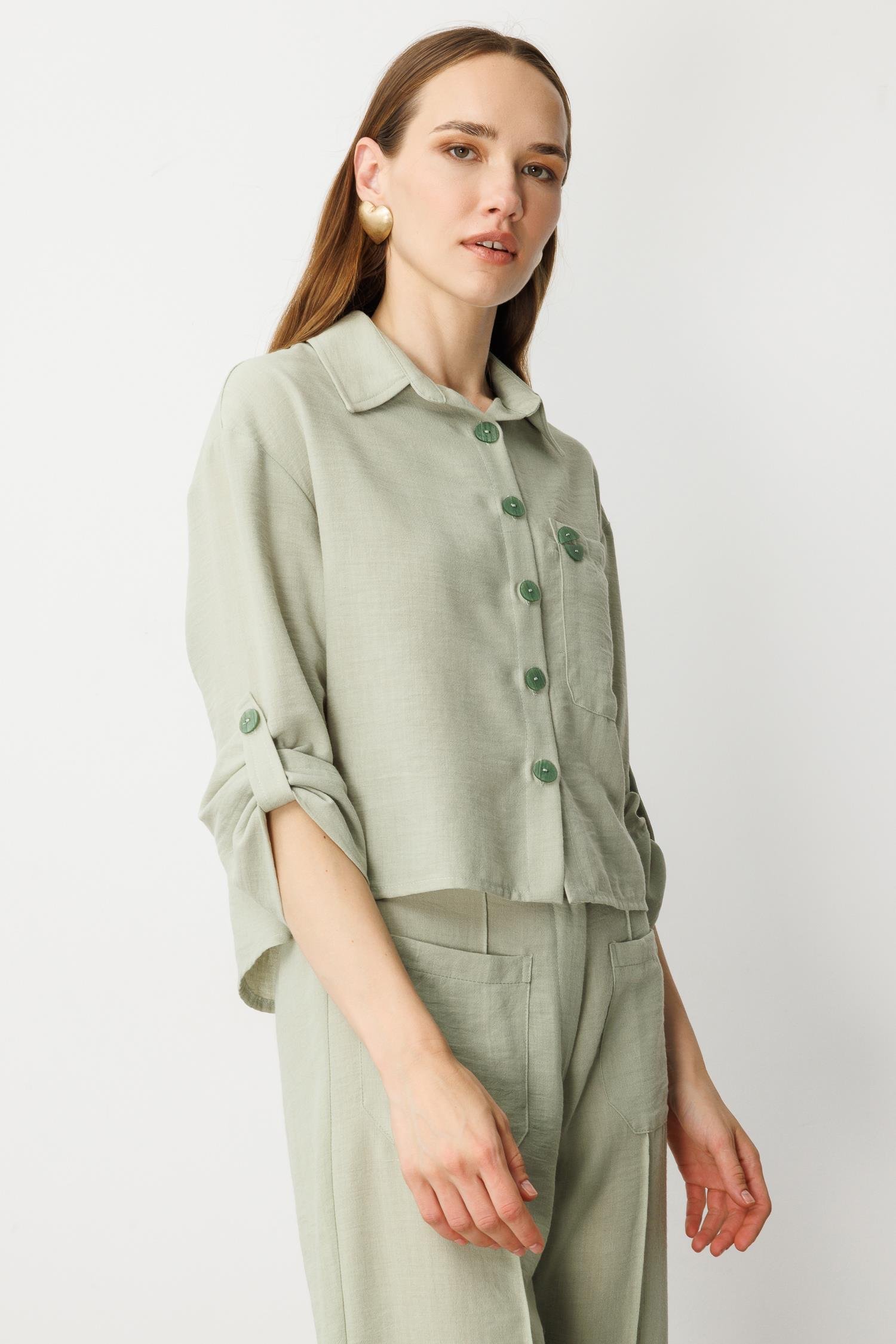 Keten Görünümlü Oversize Kısa Gömlek-SU YEŞİLİ