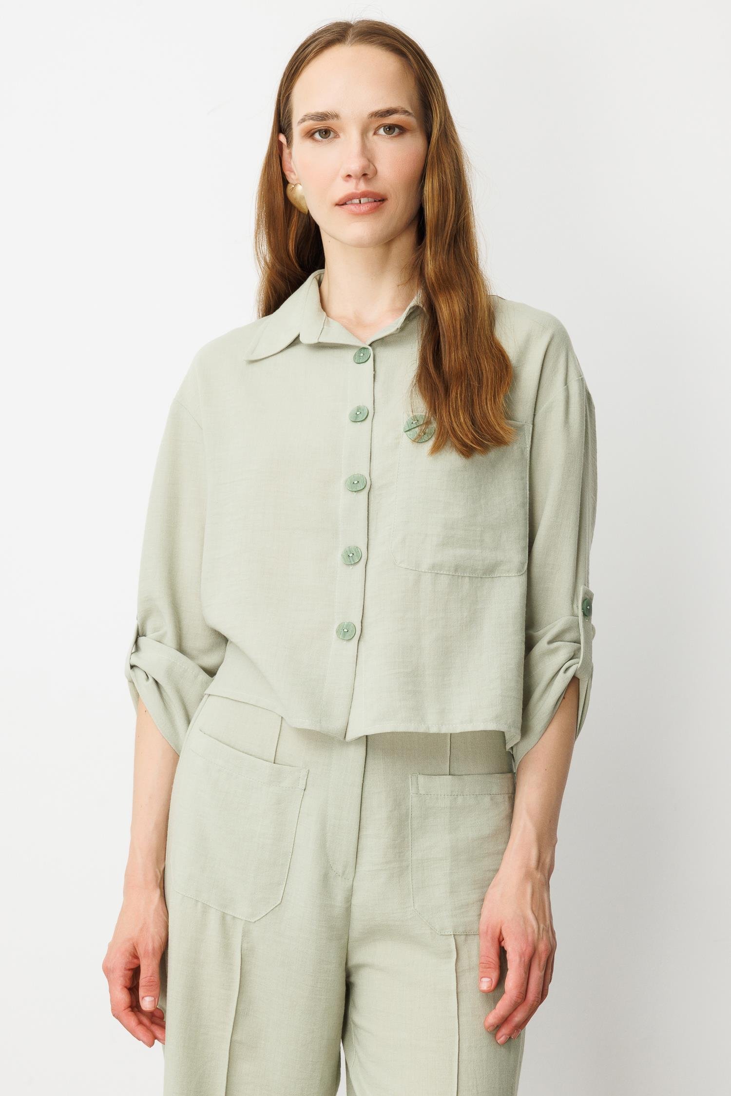 Keten Görünümlü Oversize Kısa Gömlek-SU YEŞİLİ