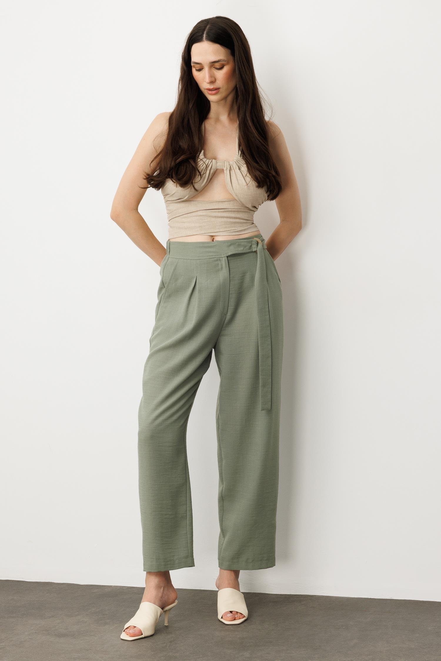 Keten Görünümlü Pileli Pantolon-ÇAĞLA