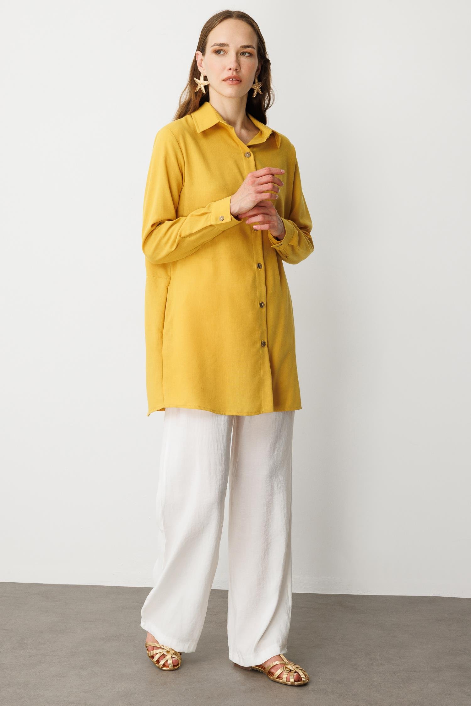 Keten Görünümlü Tunik Gömlek-SAFRAN