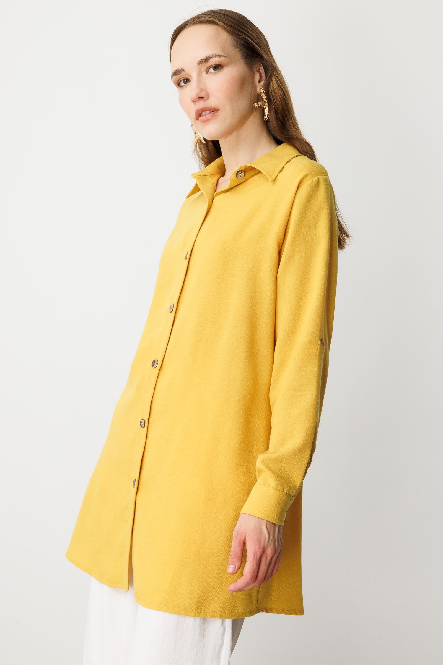 Keten Görünümlü Tunik Gömlek-SAFRAN