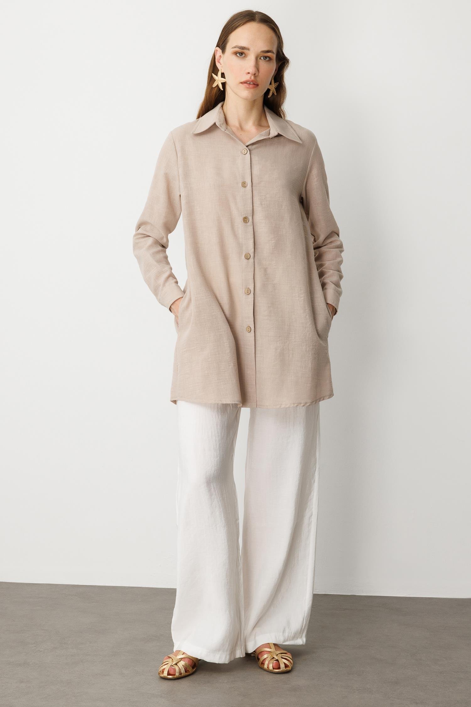 Keten Görünümlü Tunik Gömlek-TAŞ