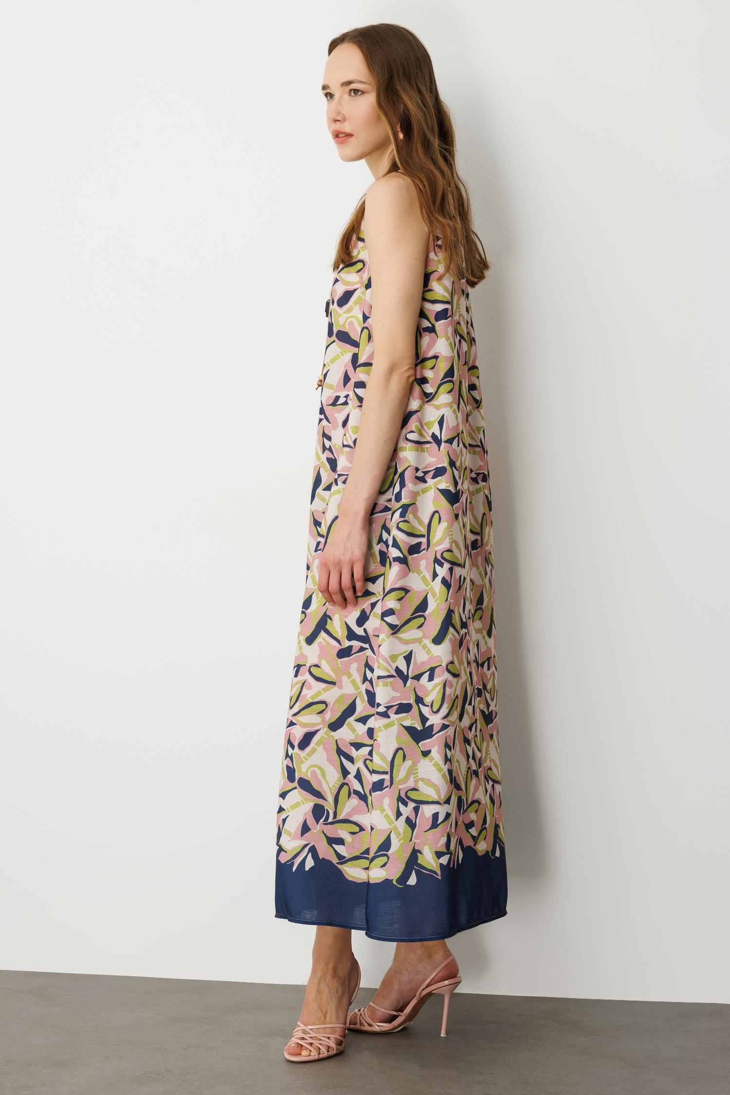 Keten Görünümlü Uzun Elbise-LACI