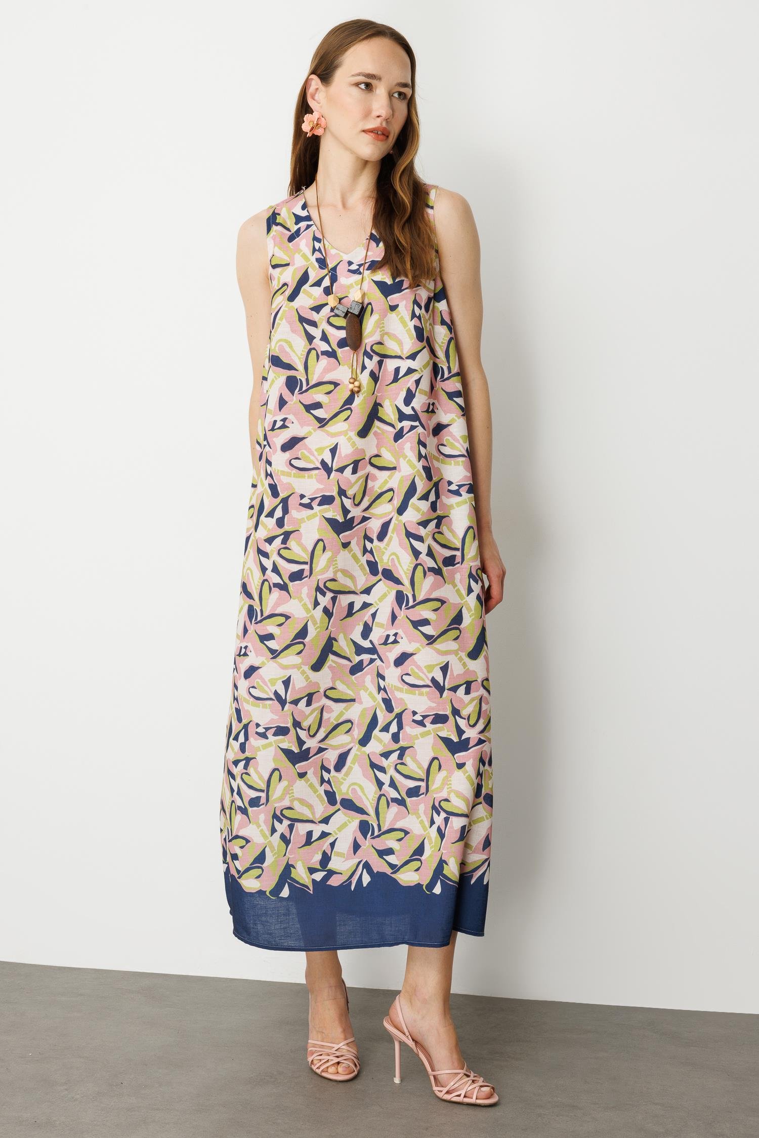 Keten Görünümlü Uzun Elbise-LACI