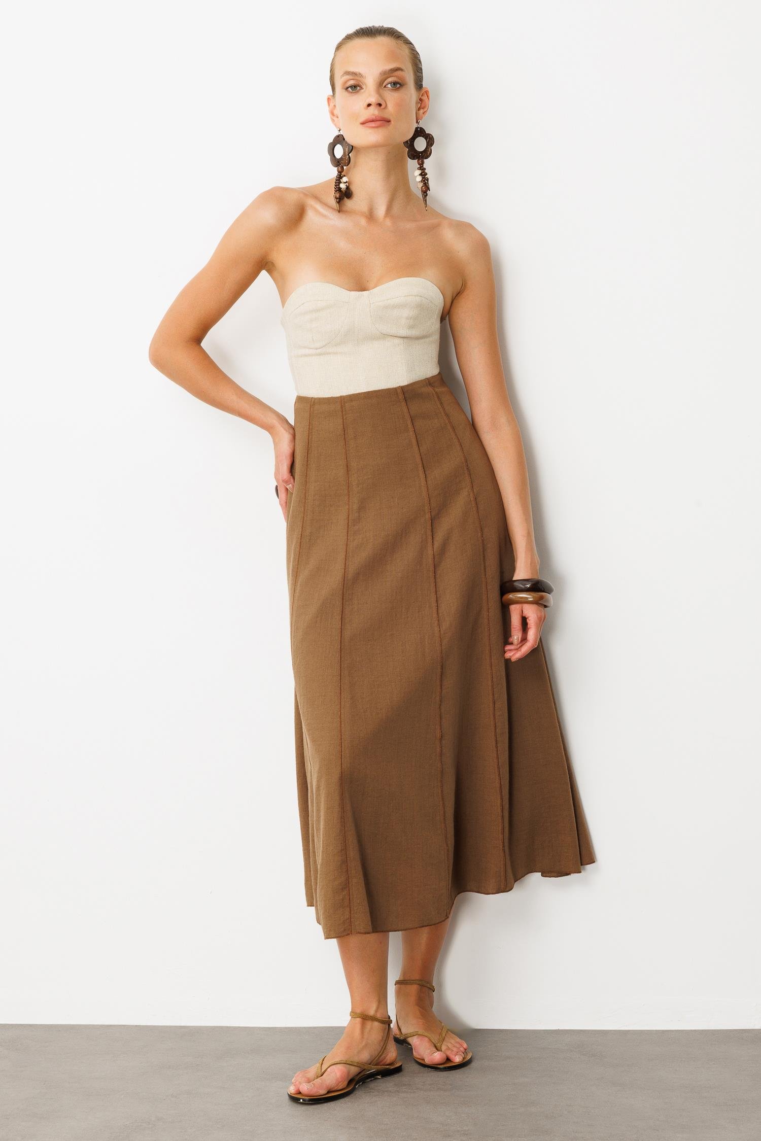 Keten Görünümlü Uzun Kloş Etek-KAHVE