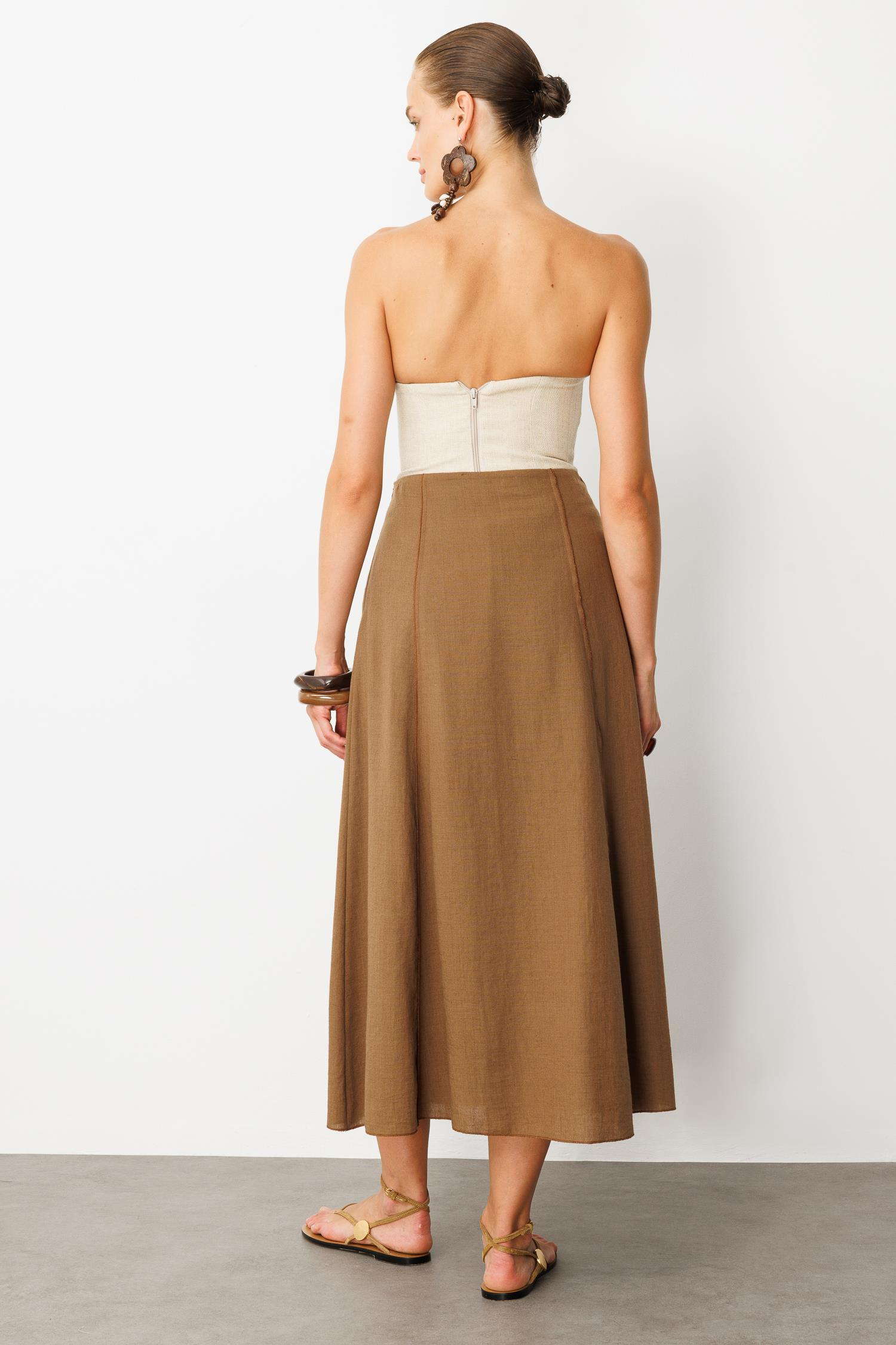 Keten Görünümlü Uzun Kloş Etek-KAHVE