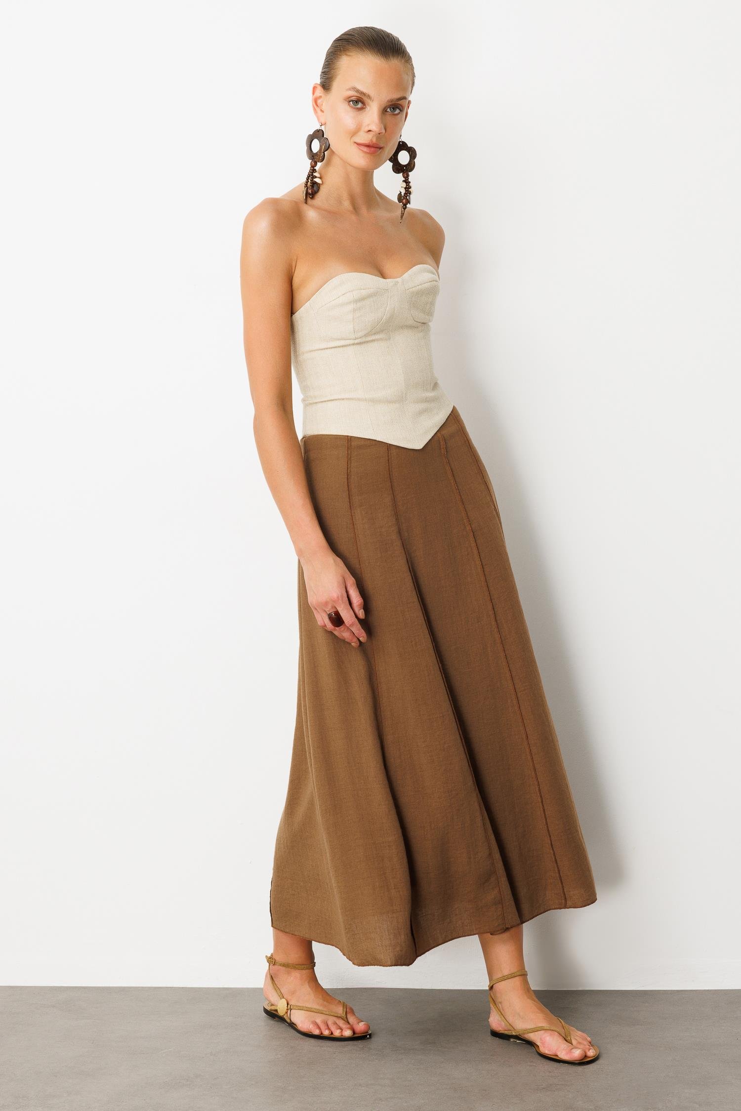 Keten Görünümlü Uzun Kloş Etek-KAHVE