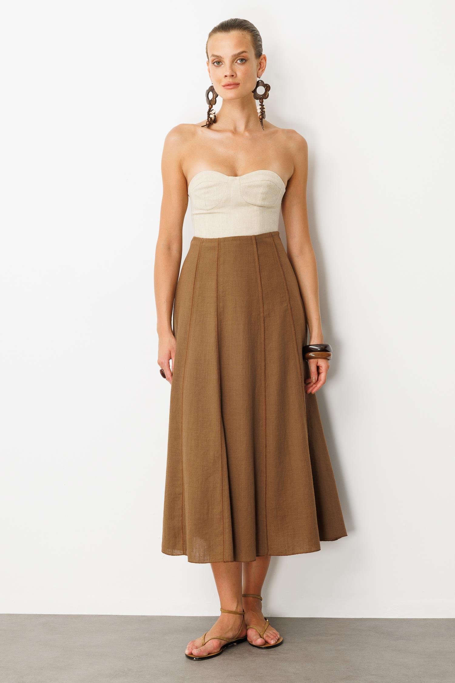 Keten Görünümlü Uzun Kloş Etek-KAHVE