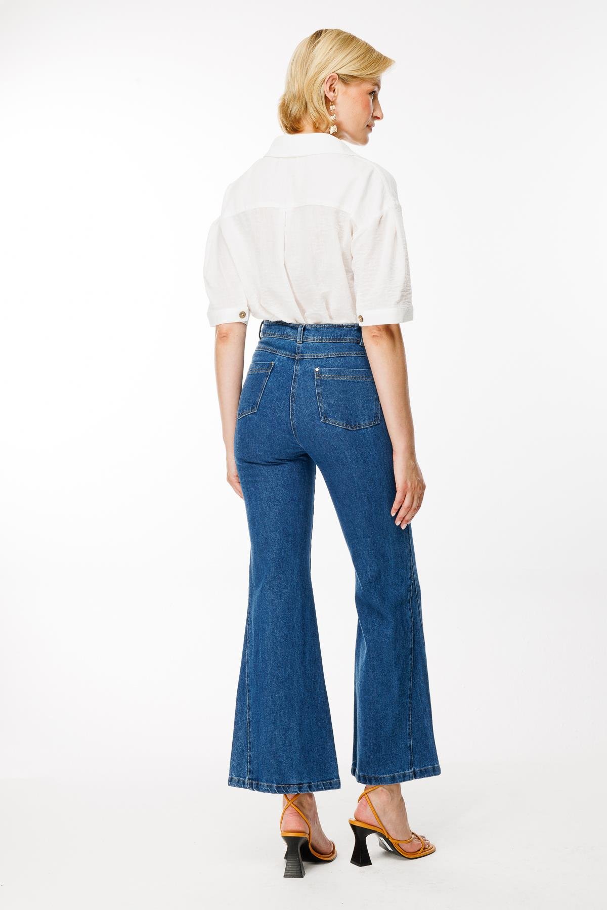 Kısa Kollu Düğmeli Keten Crop Gömlek - BEYAZ