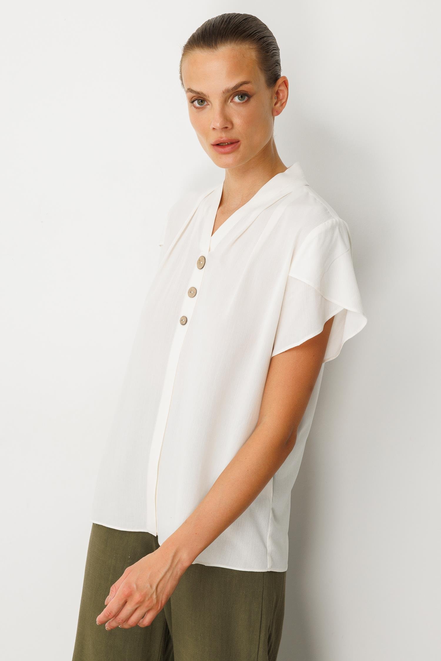 Kol Detay V Yaka Bluz-KEMIK