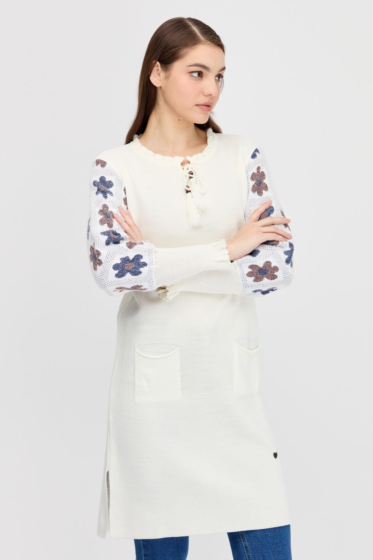 Kolları Desenli Triko Tunik - EKRU