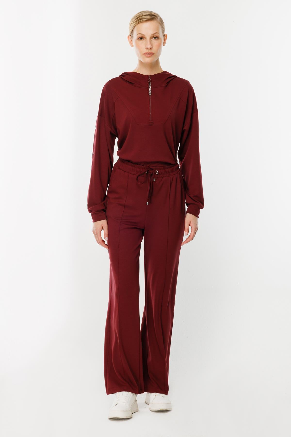 Kolları Düğme Detaylı Sweatshirt - BORDO