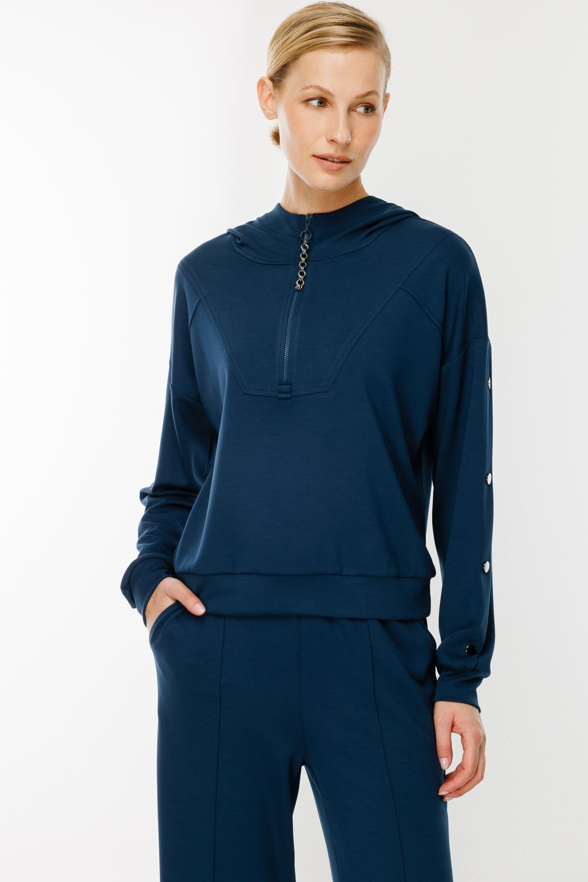 Kolları Düğme Detaylı Sweatshirt - PETROL