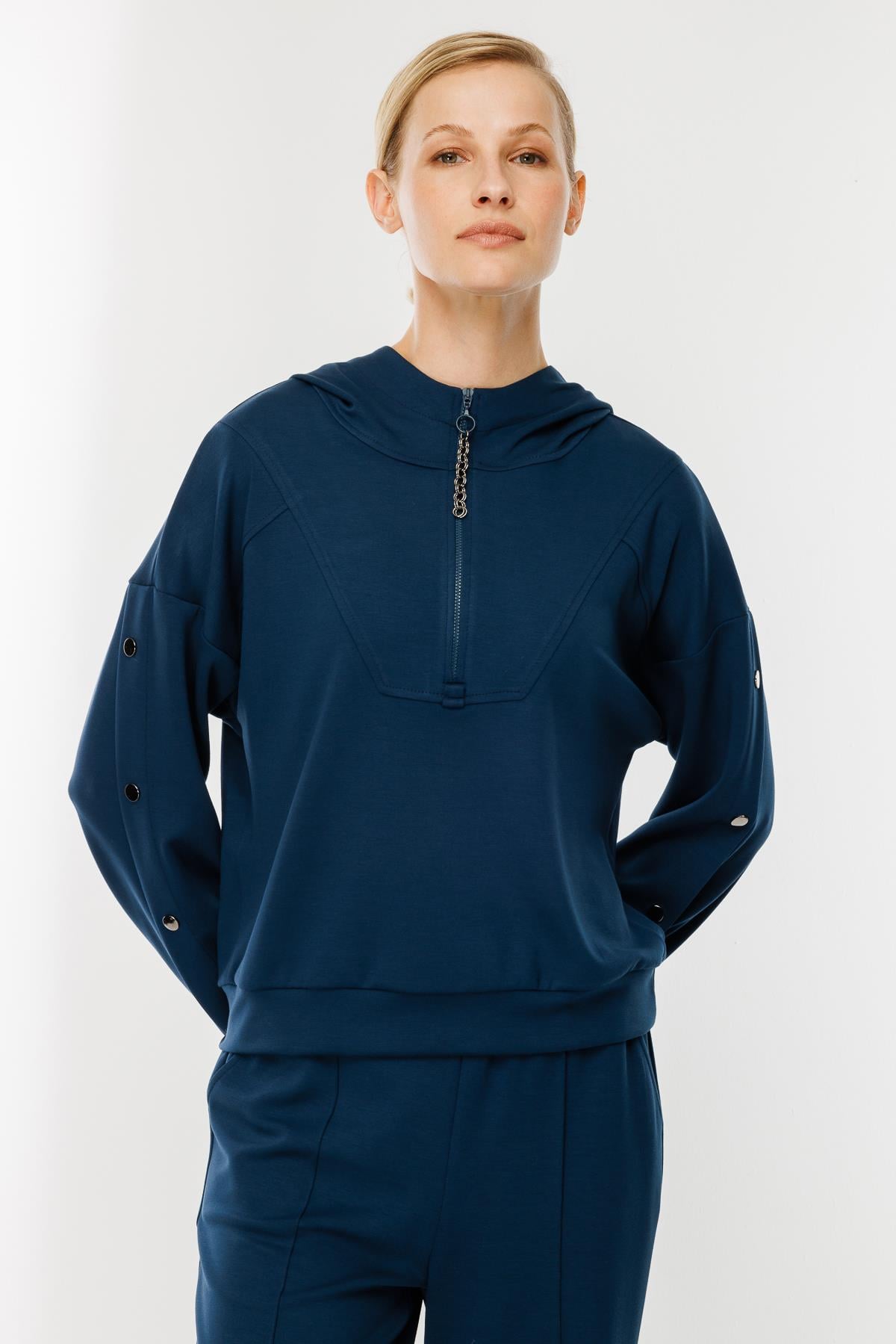 Kolları Düğme Detaylı Sweatshirt - PETROL