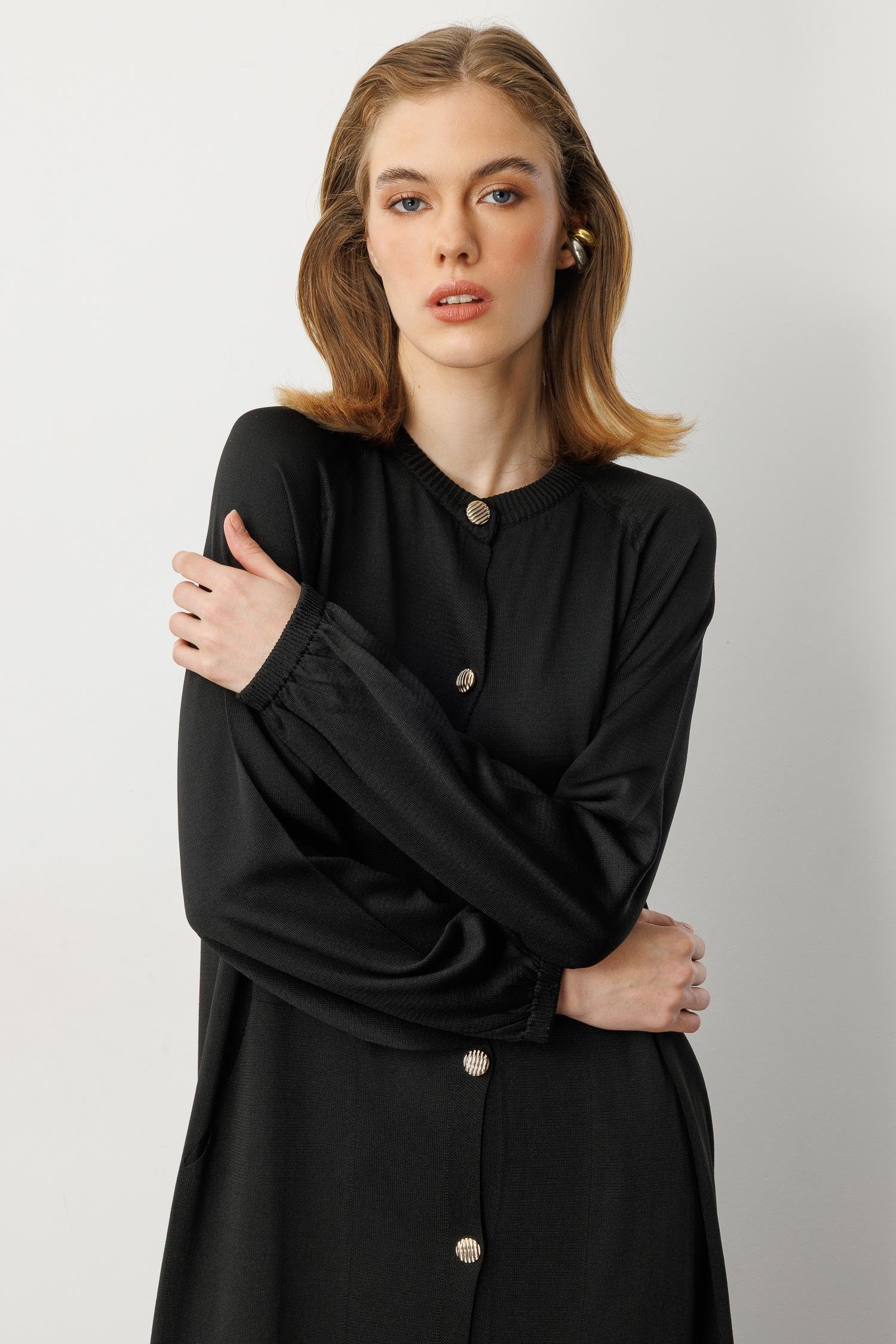 Kolları Lastikli Cep Detay Uzun Hırka-SİYAH