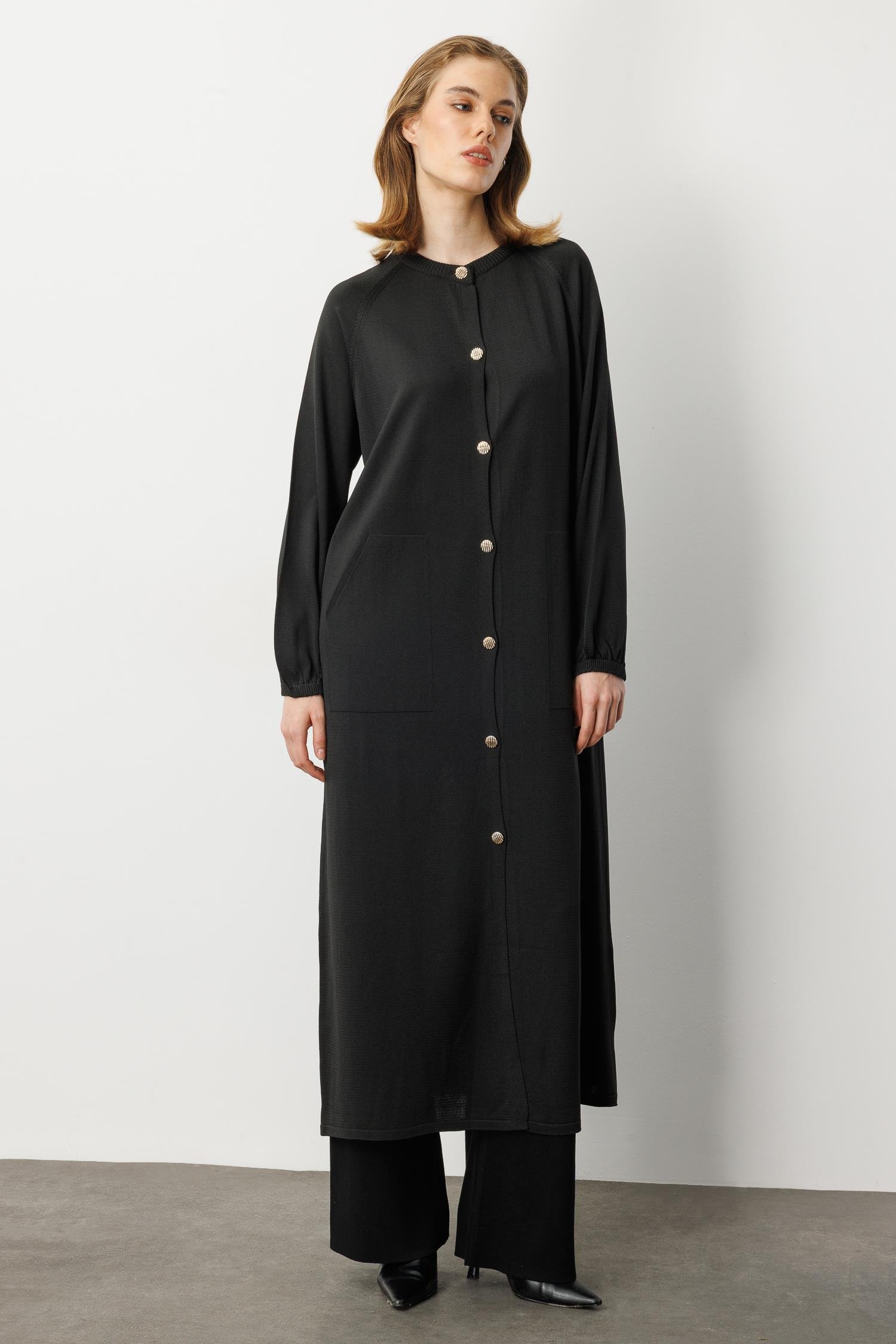 Kolları Lastikli Cep Detay Uzun Hırka-SİYAH