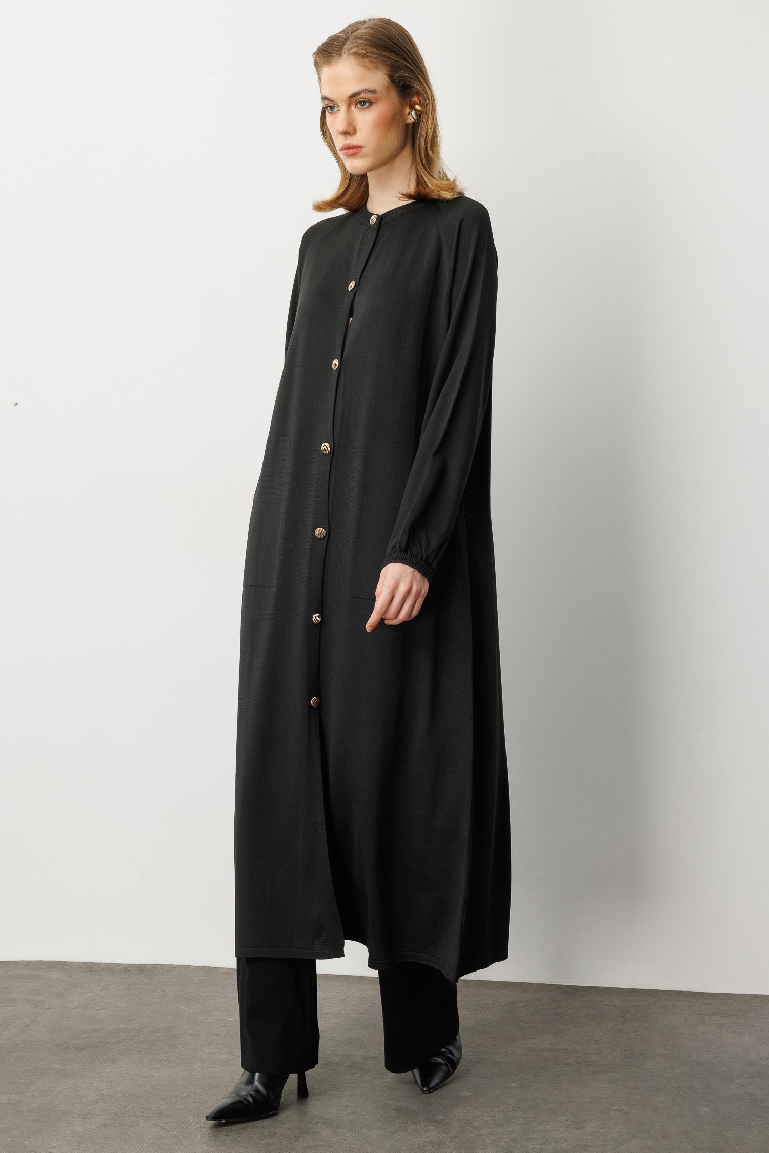 Kolları Lastikli Cep Detay Uzun Hırka-SİYAH