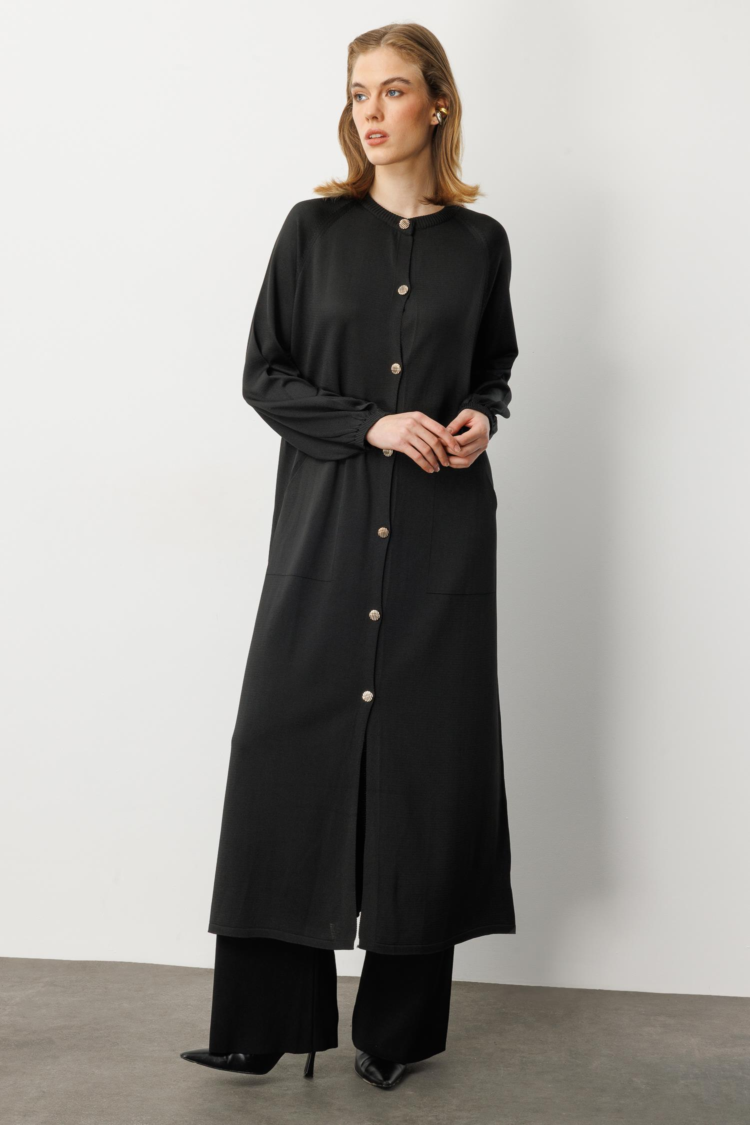 Kolları Lastikli Cep Detay Uzun Hırka-SİYAH