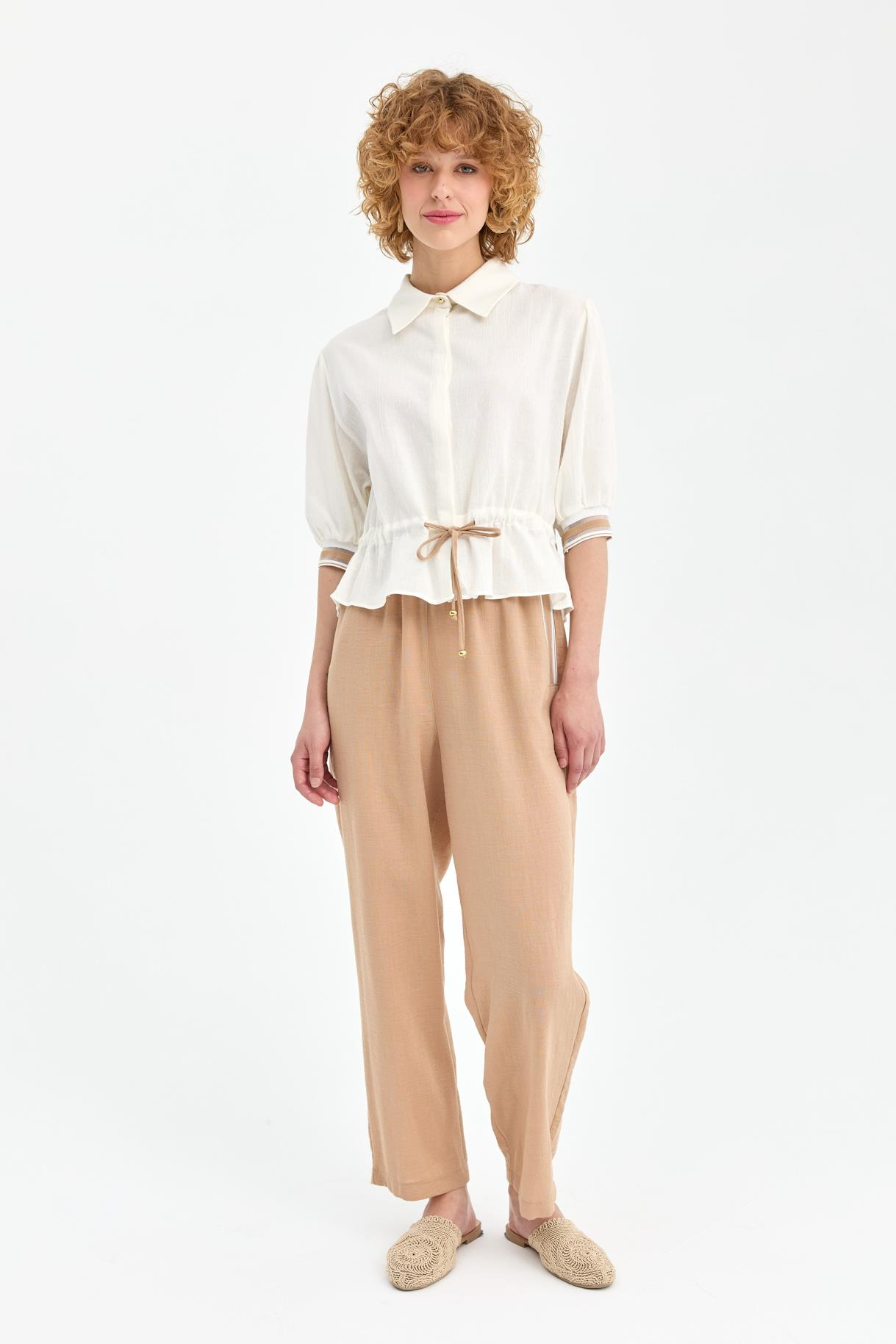 Kolları Lastikli İp Detaylı Şile Bezi Bluz - EKRU