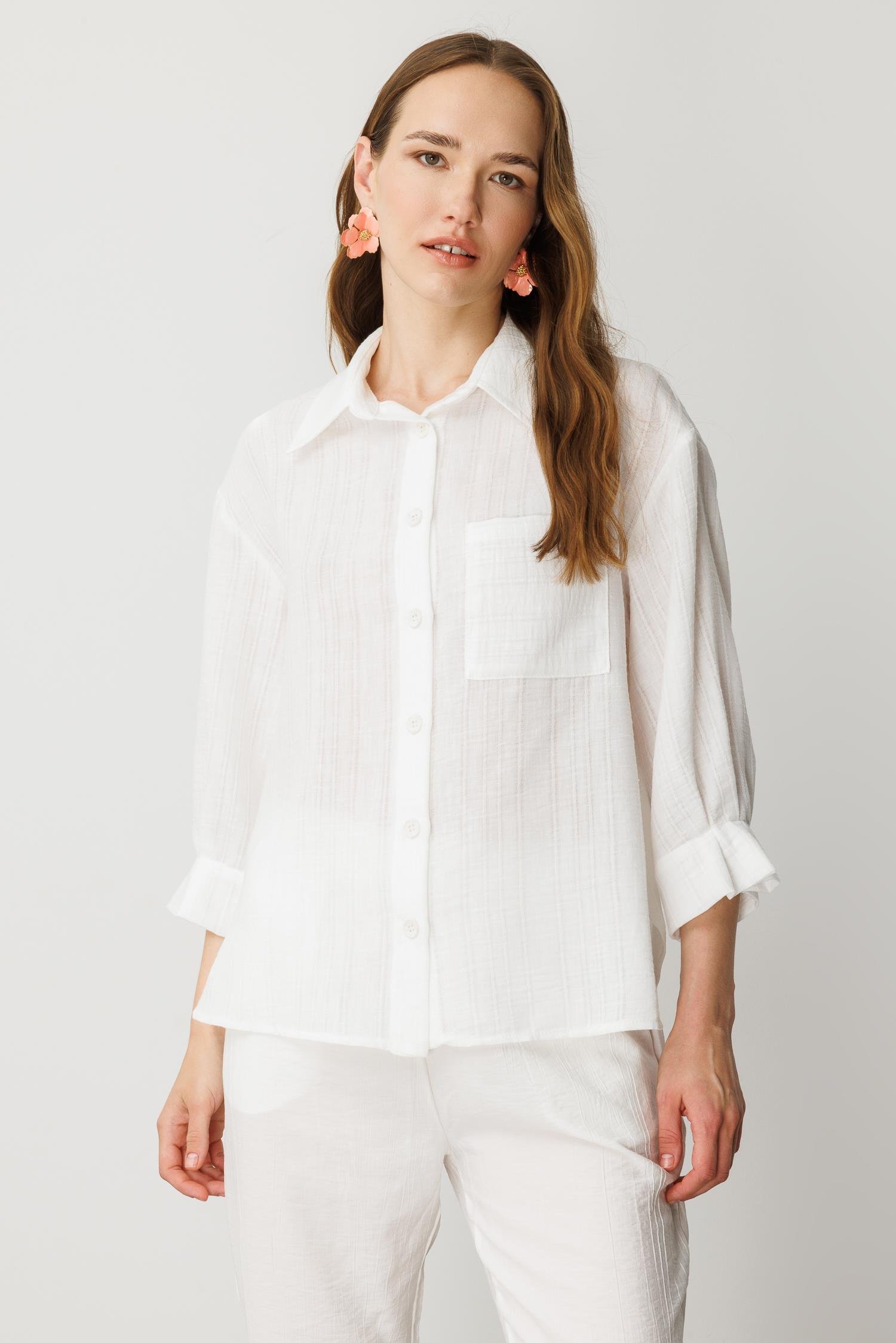 Kolları Pileli Keten Görünüm Gömlek-KEMIK