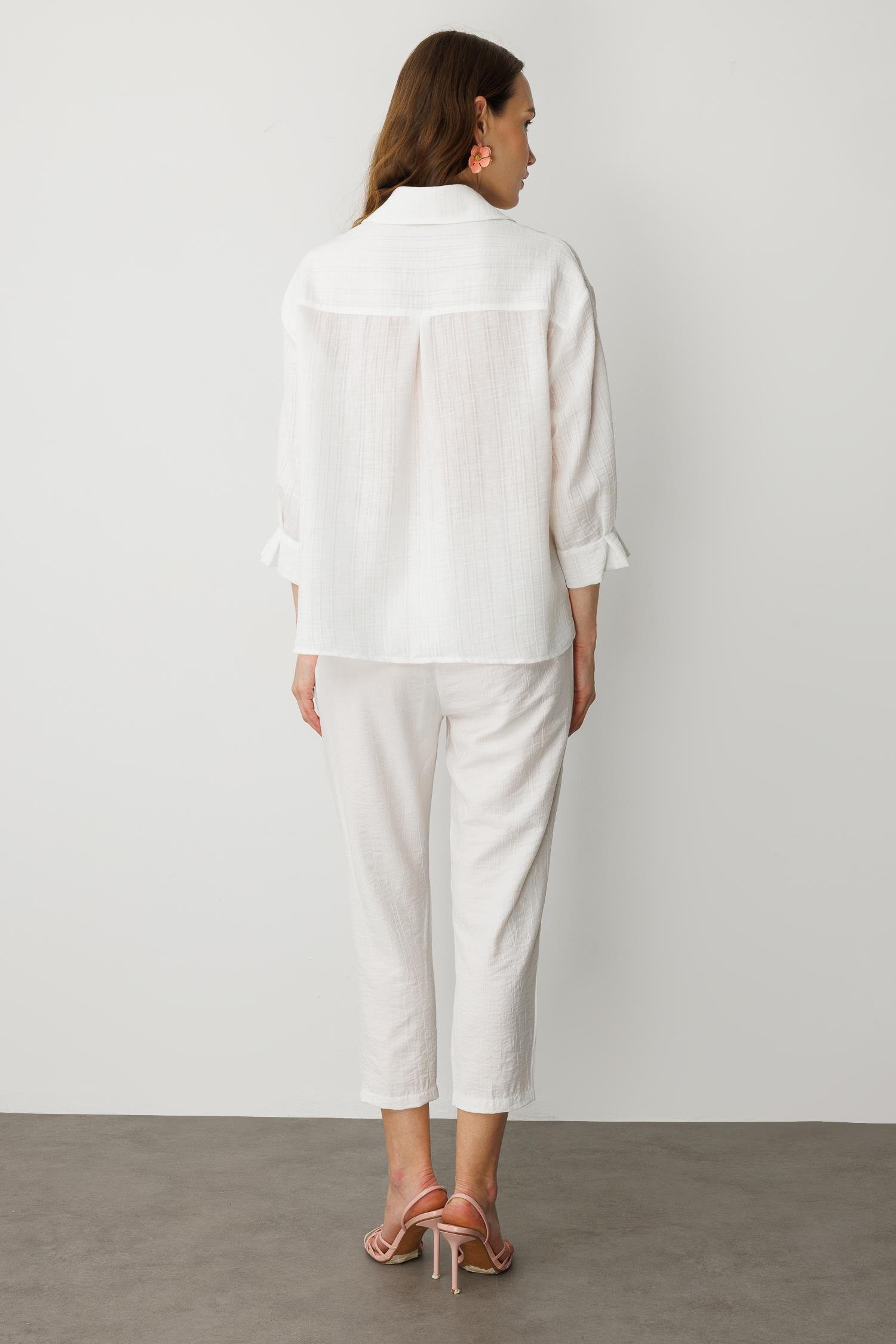 Kolları Pileli Keten Görünüm Gömlek-KEMIK