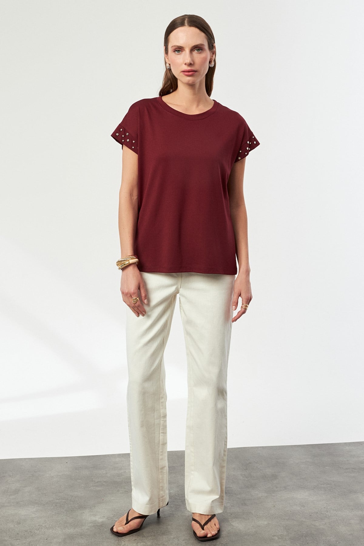 Kolları Taş Detaylı Penye Bluz-BORDO