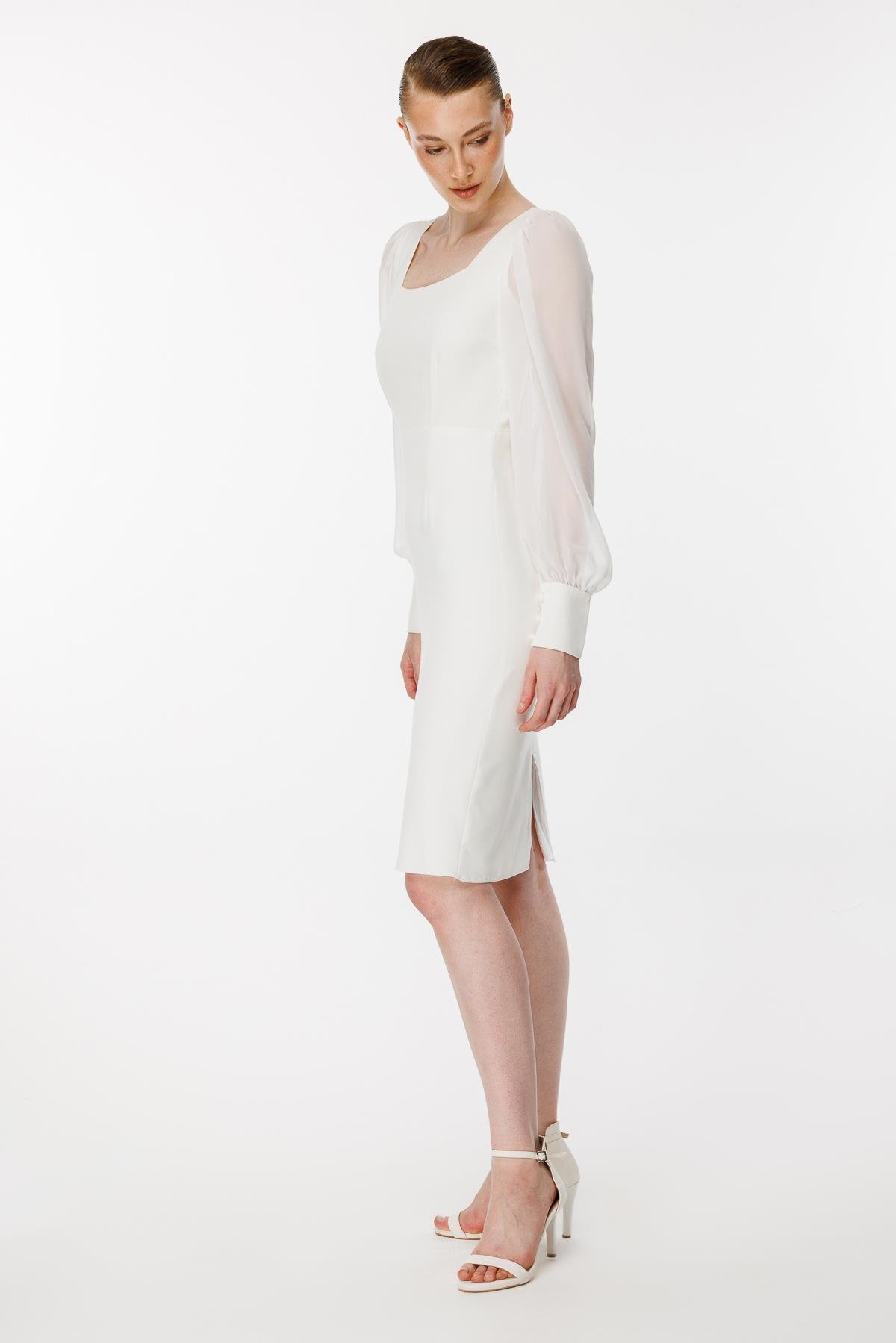 Kolları Tüllü Kısa Kalem Abiye Elbise - EKRU