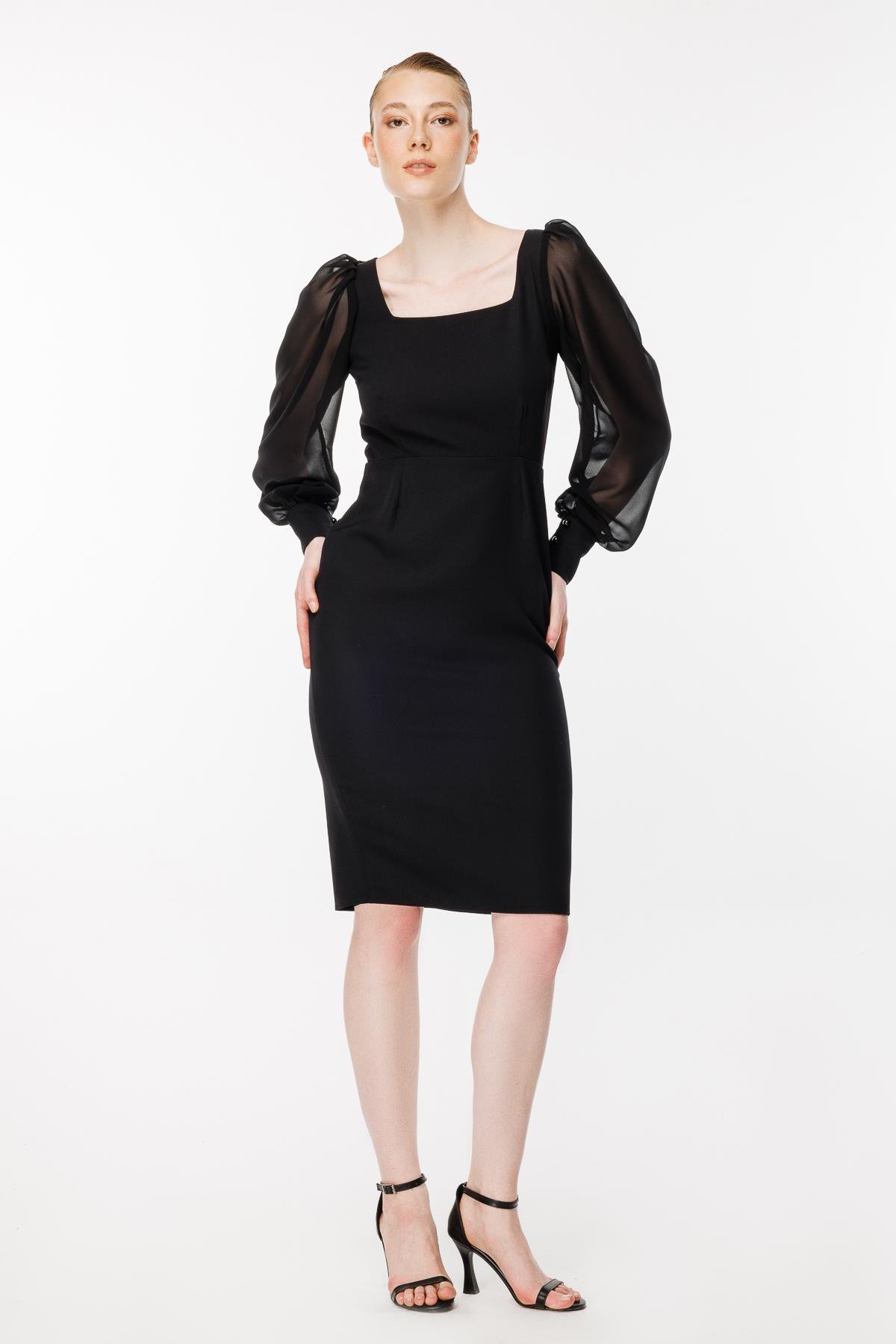 Kolları Tüllü Kısa Kalem Abiye Elbise - SİYAH