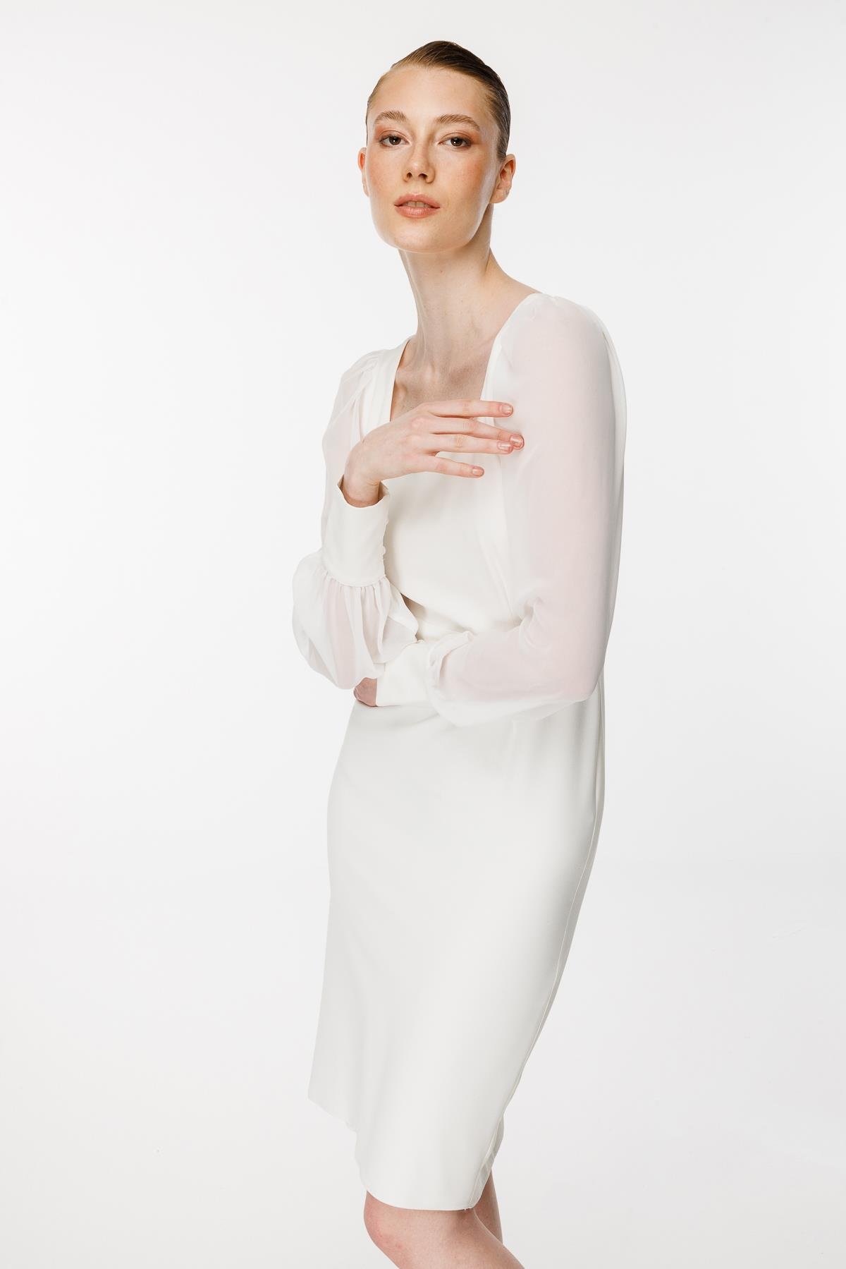 Kolları Tüllü Kısa Kalem Abiye Elbise - EKRU