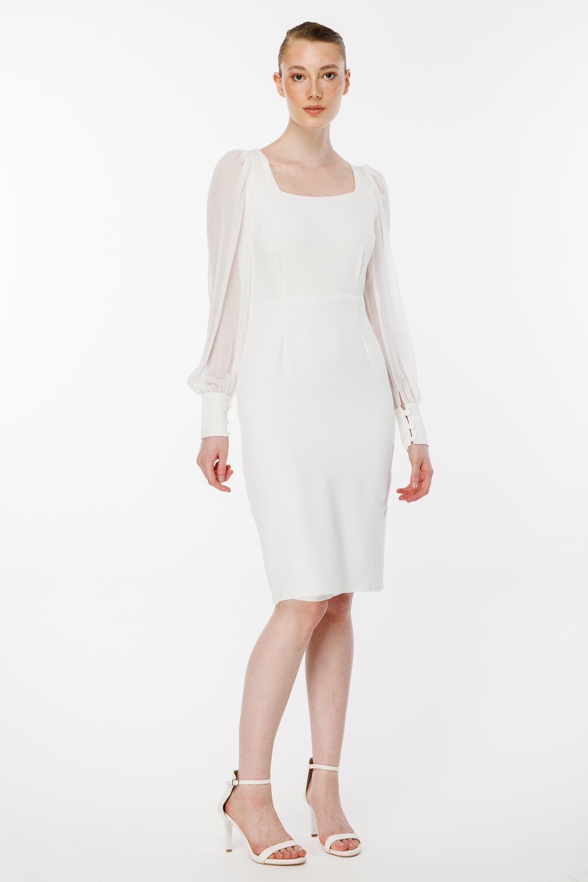 Kolları Tüllü Kısa Kalem Abiye Elbise - EKRU