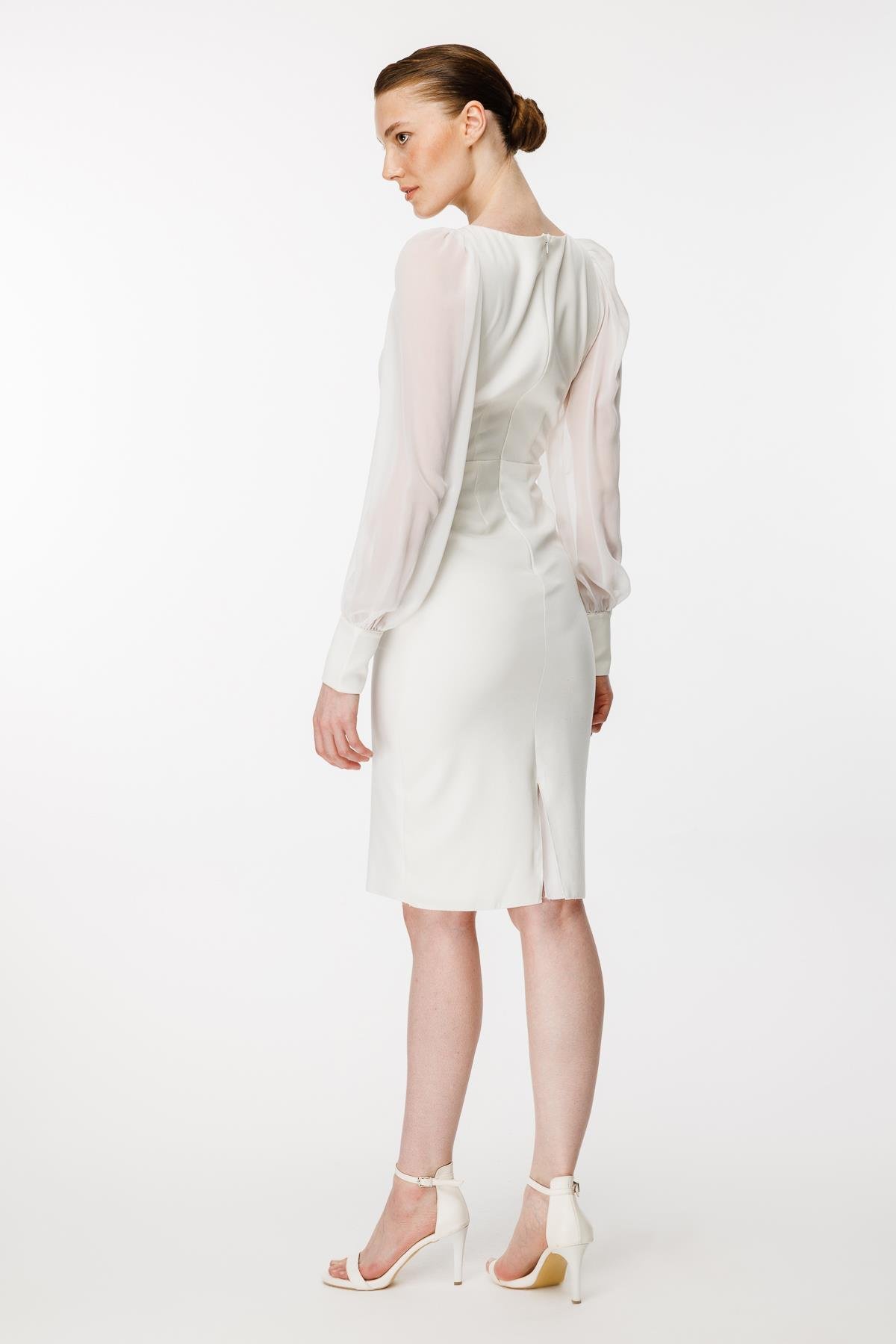 Kolları Tüllü Kısa Kalem Abiye Elbise - EKRU