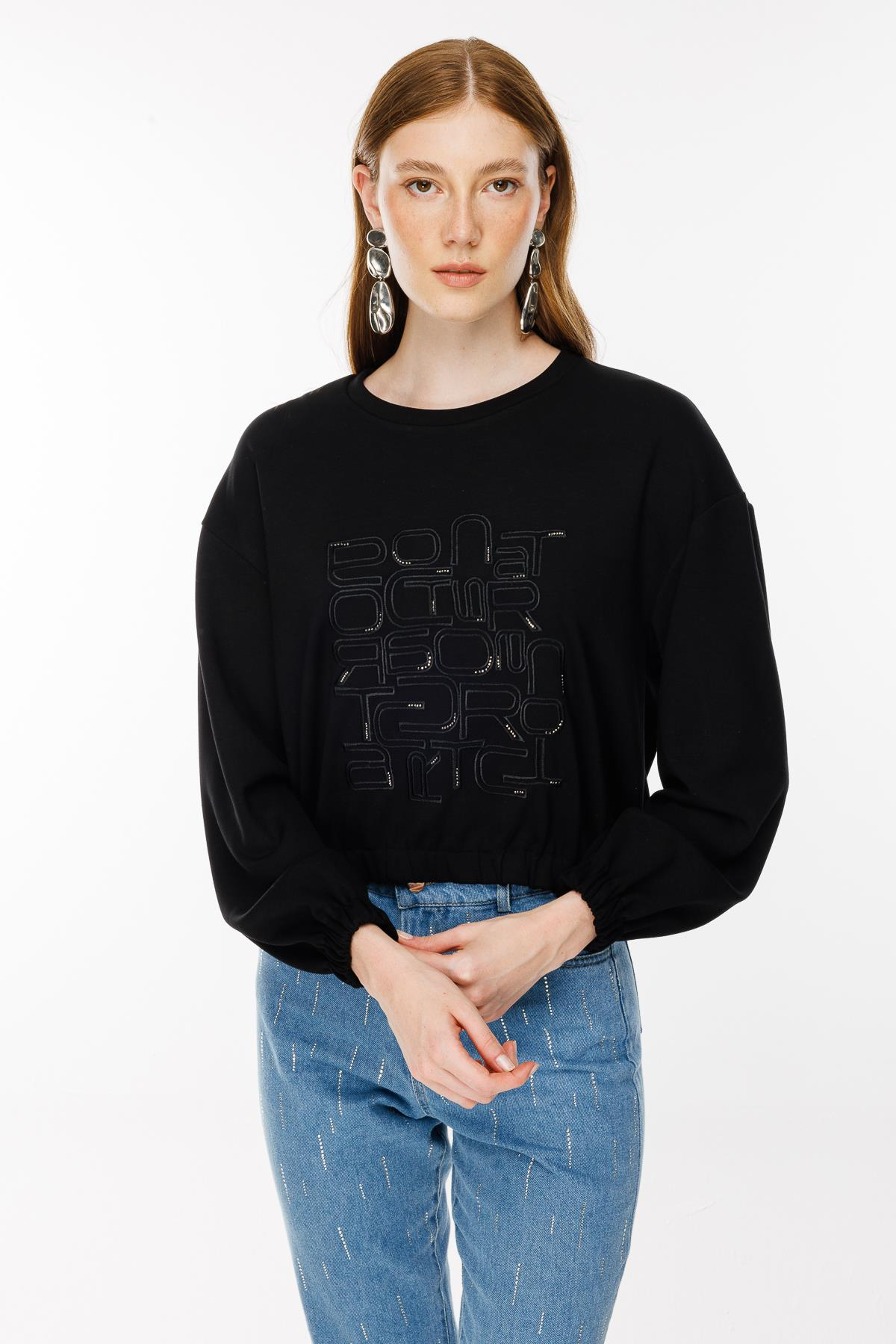 Kolları ve Beli Lastikli İşleme Detaylı Bluz - SİYAH