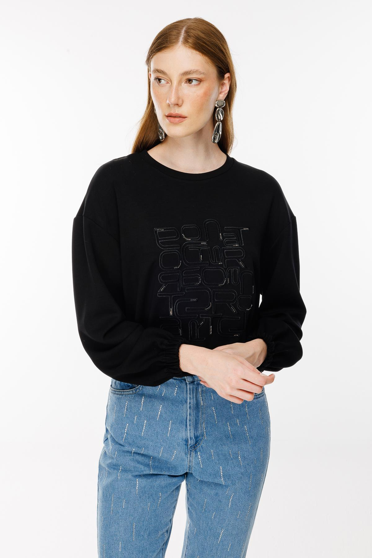 Kolları ve Beli Lastikli İşleme Detaylı Bluz - SİYAH