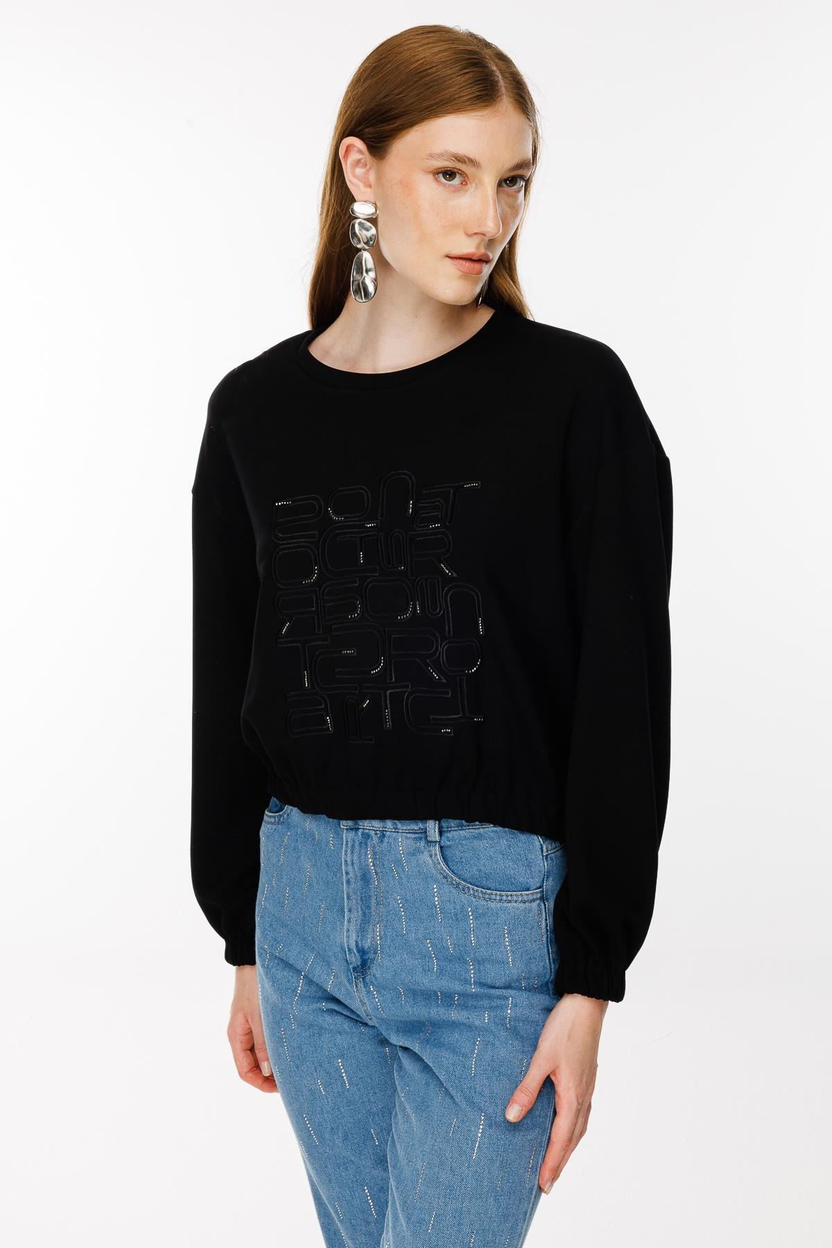 Kolları ve Beli Lastikli İşleme Detaylı Bluz - SİYAH